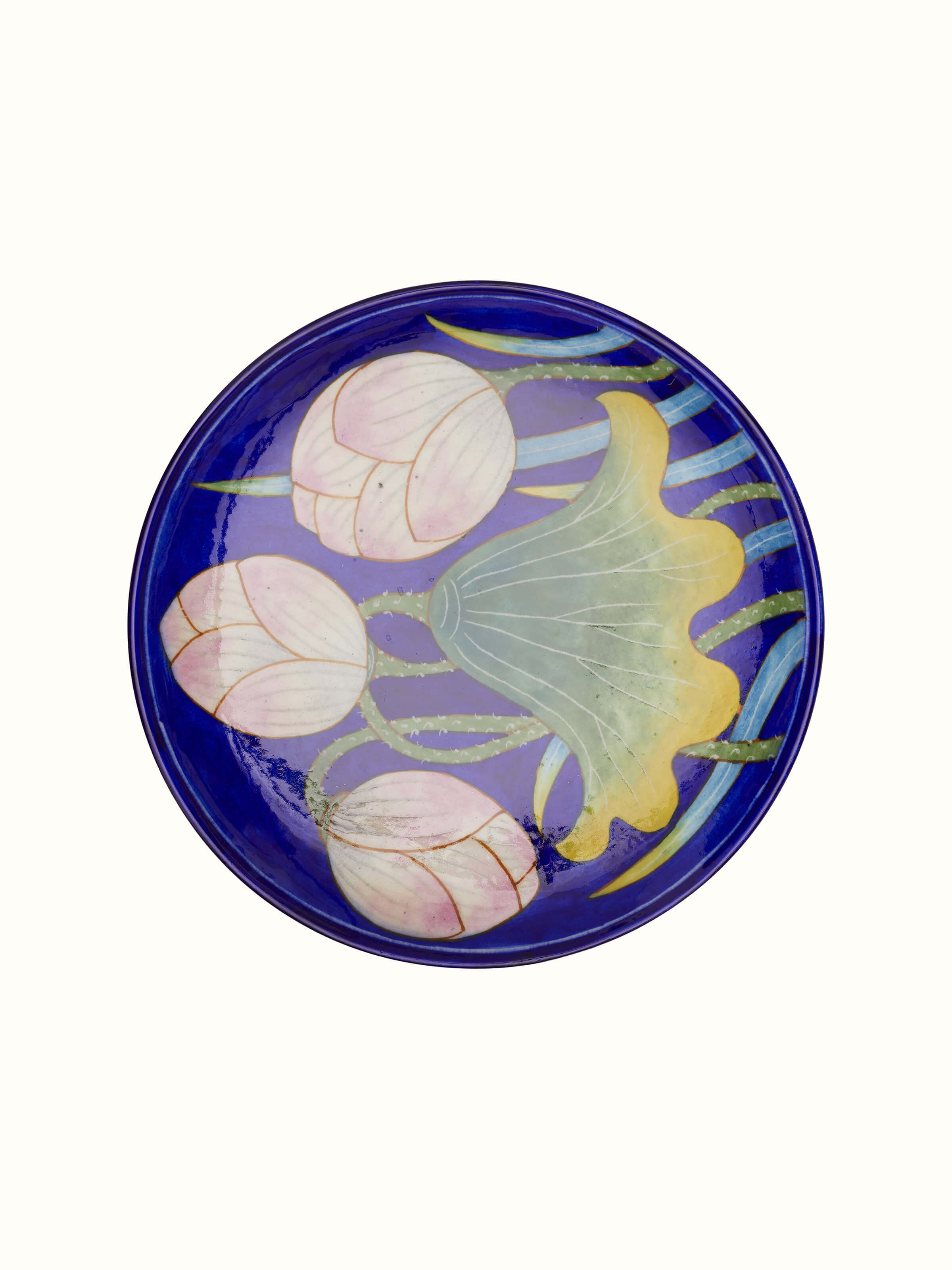 Detailed view of Blue Pottery Lotus with Leaf Display Plate by Swadesh emphasizing the symmetrical design and floral motifs.