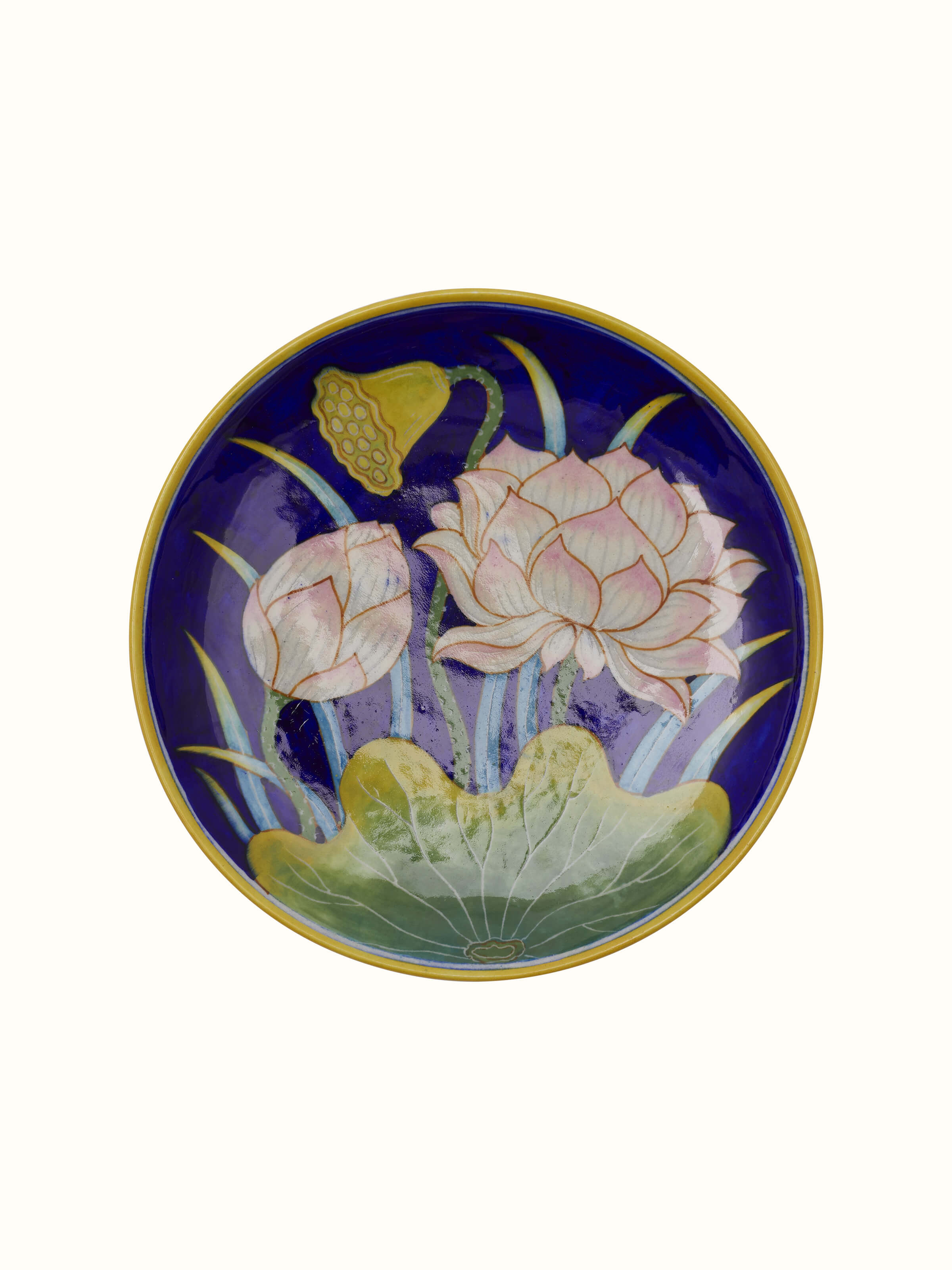 Detailed view of Blue Pottery flower with leaf display plate showing the fine detailing and artistic design