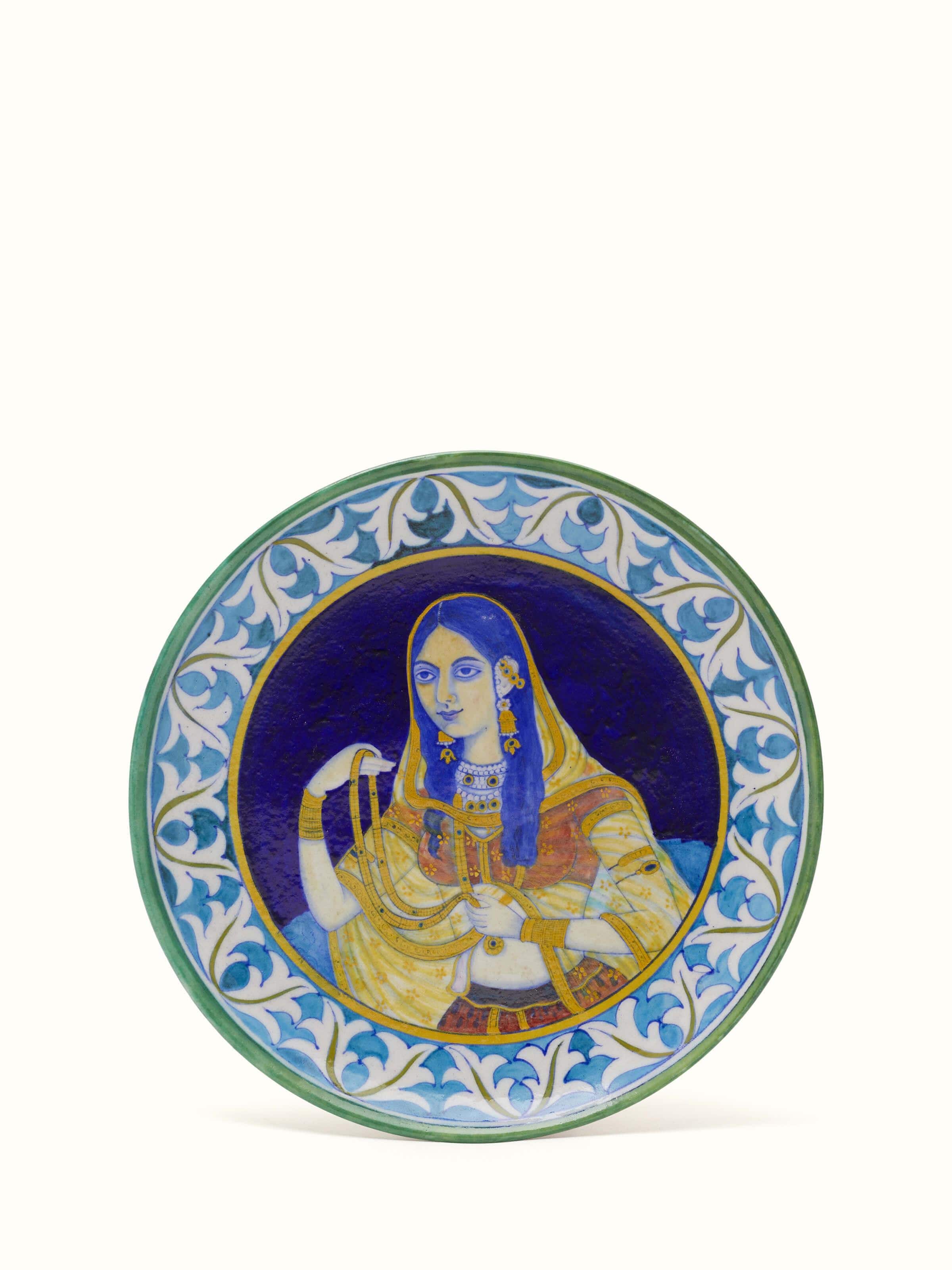 Front view of Blue Pottery Mughal Woman Display Plate showcasing intricate Mughal artwork with vibrant blue hues
