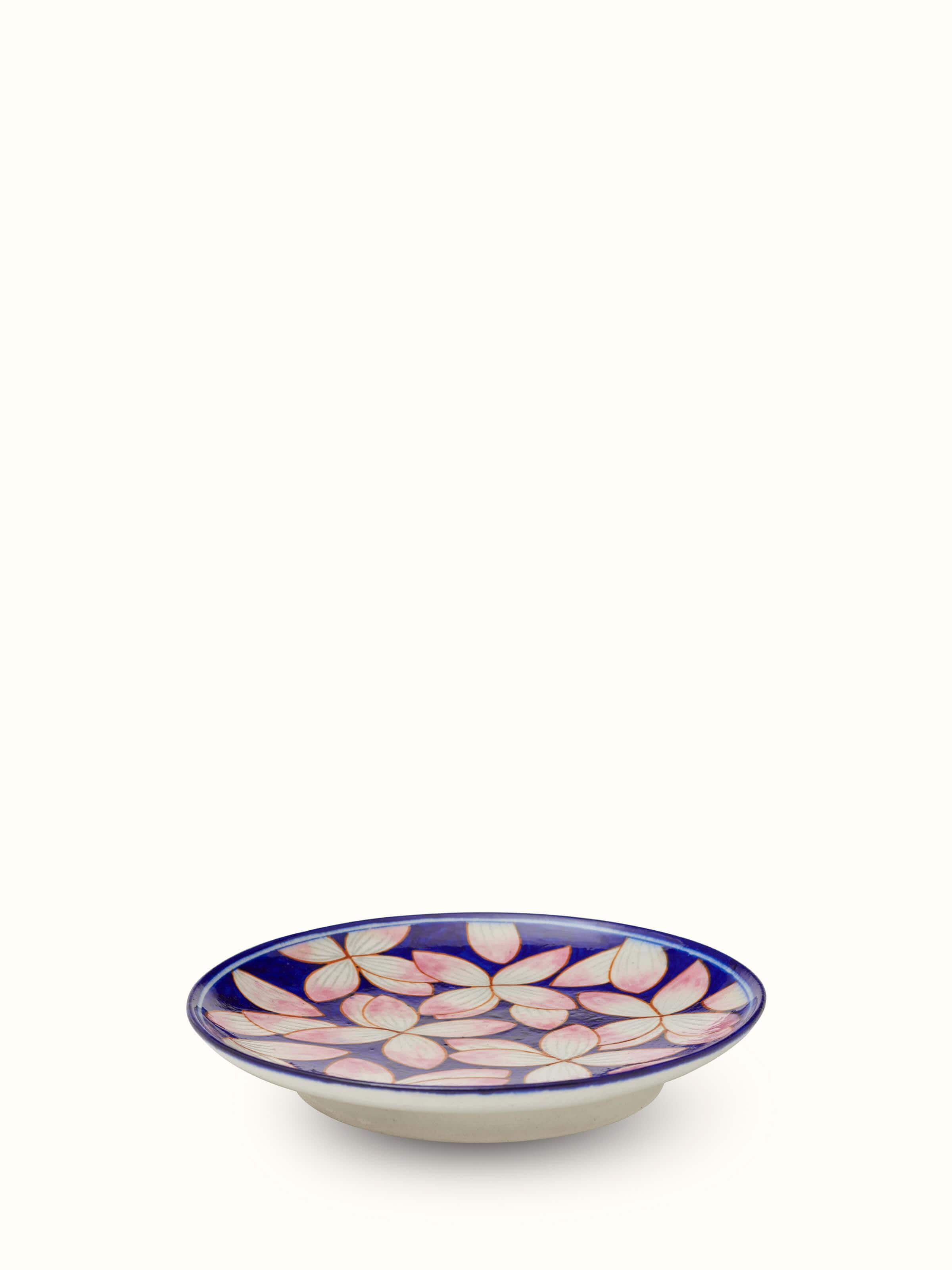 Front view of Blue Pottery Contemporary Flower Display Plate featuring intricate floral patterns in bright blue pottery