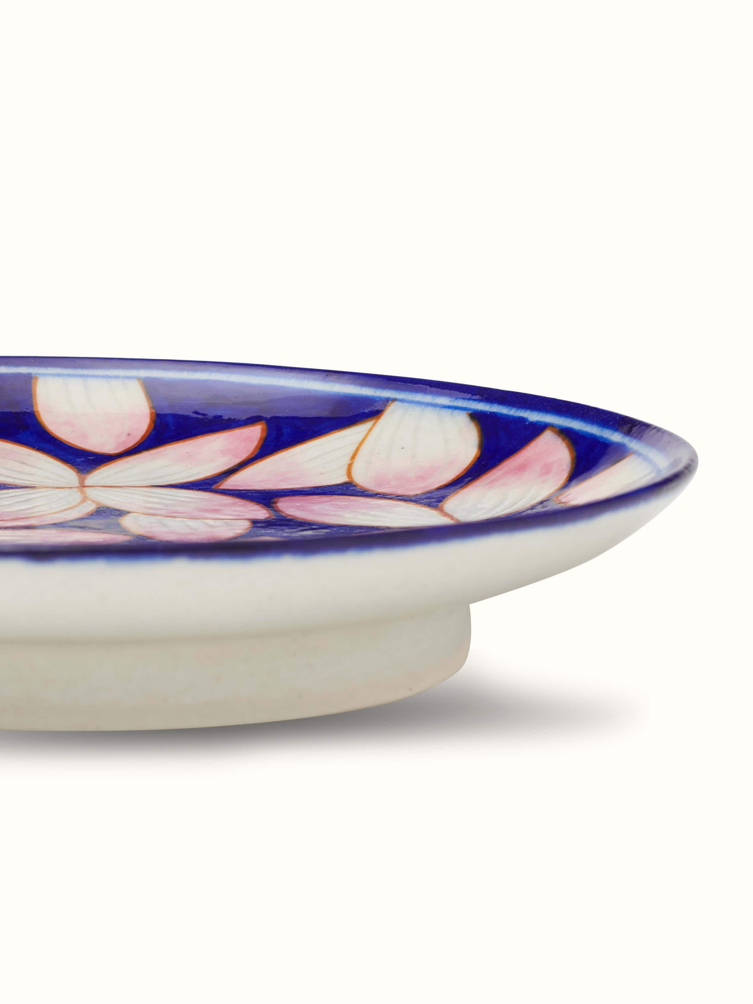 Angled view of Blue Pottery Contemporary Flower Display Plate highlighting the modern design and delicate craftsmanship of the plate