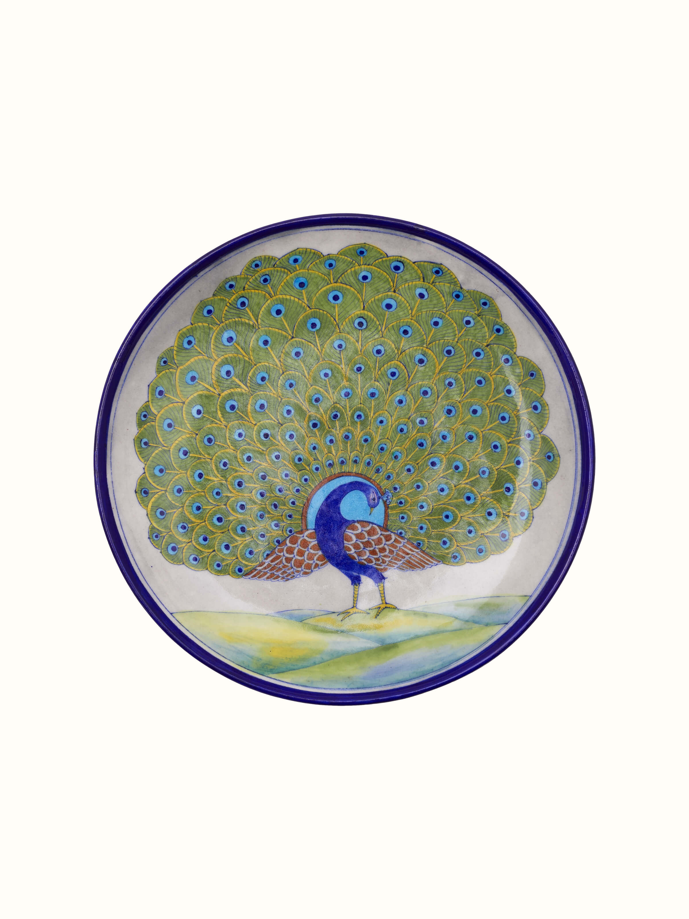 Top view of Blue pottery peacock display plate
