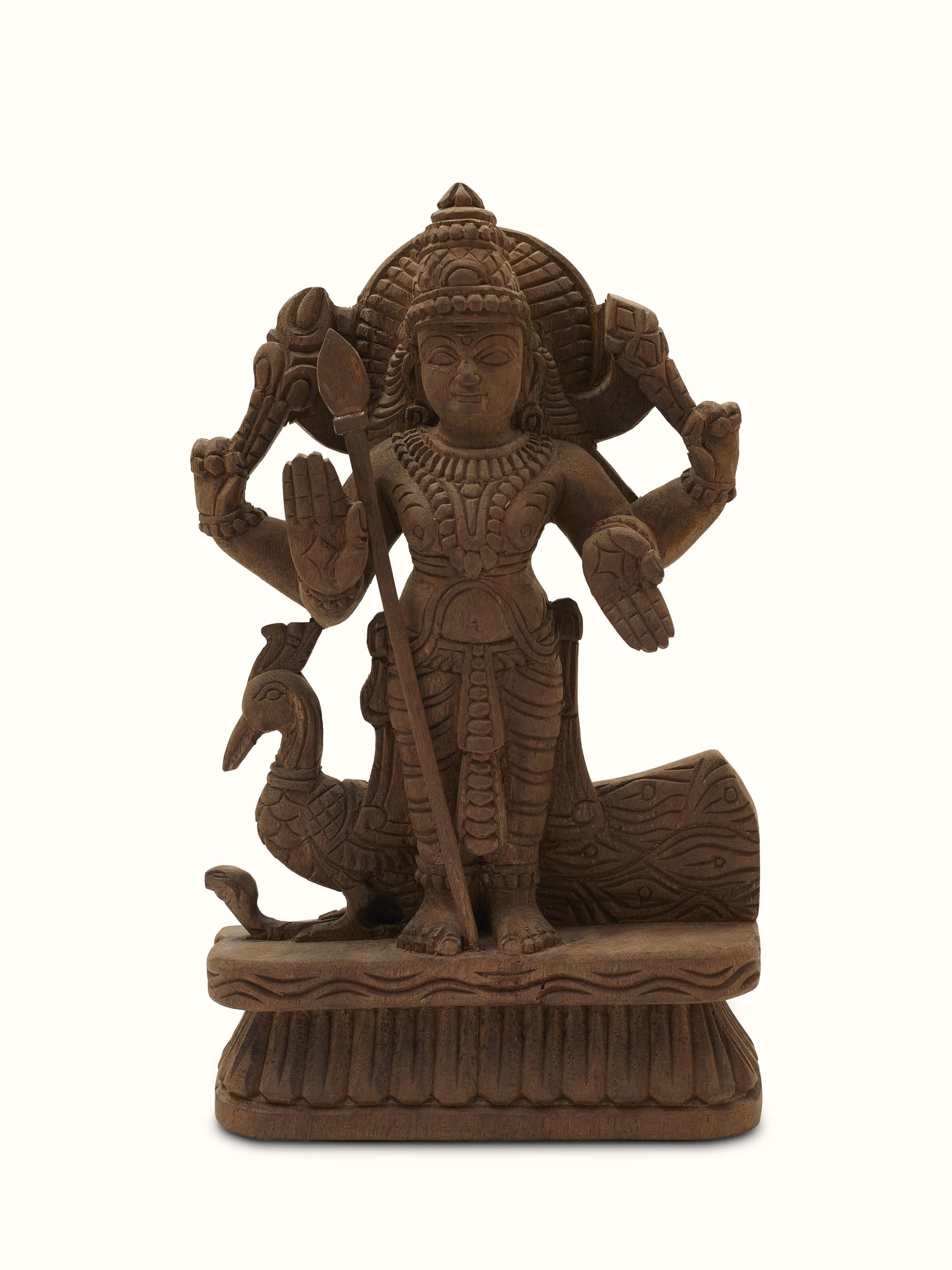 Front view of Karthikeya carved neem wood swamy idol showcasing intricate carving and detailed craftsmanship