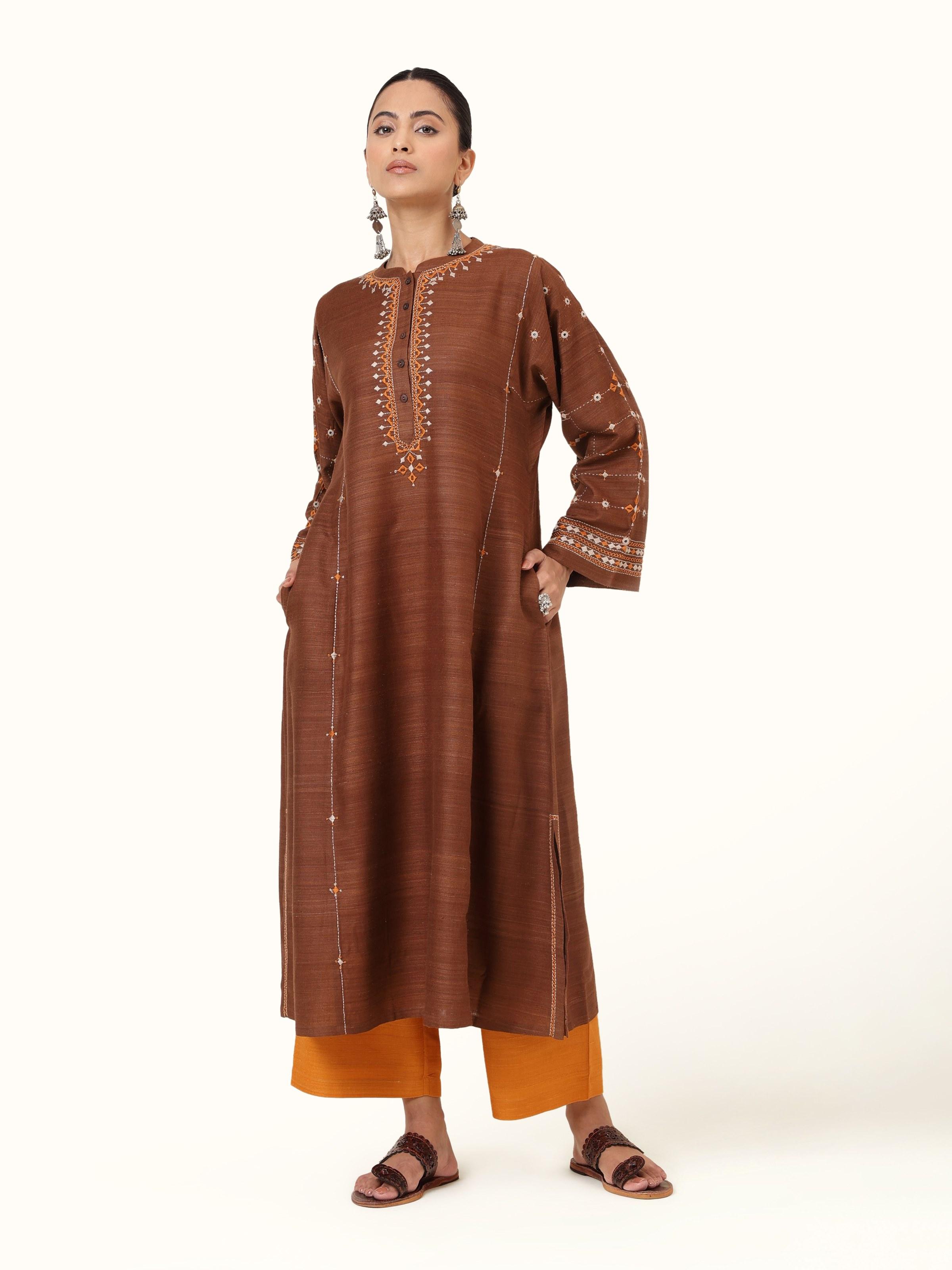 Brown Silk Desert Embroidered Kurta