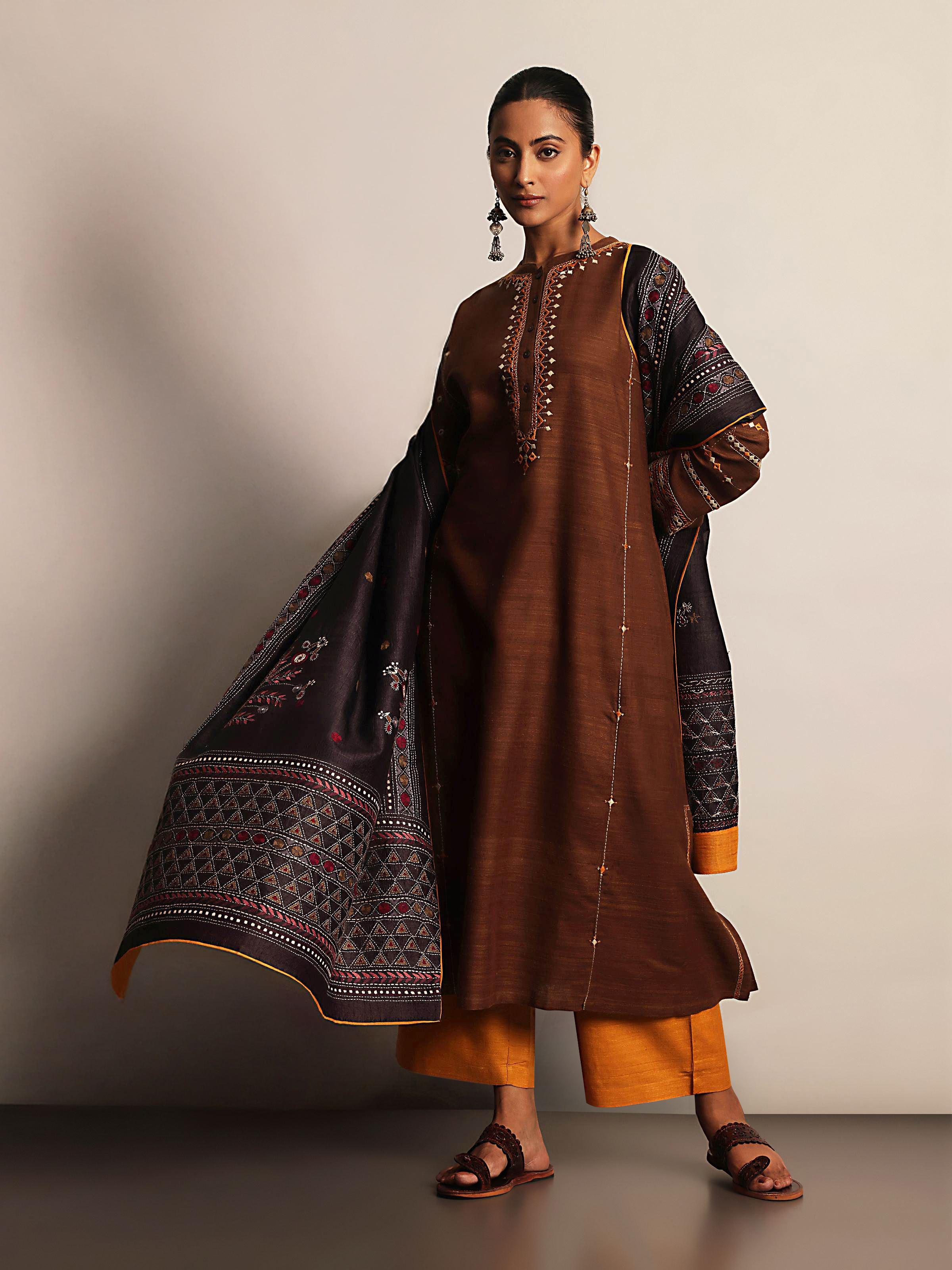 Brown Silk Desert Embroidered Kurta