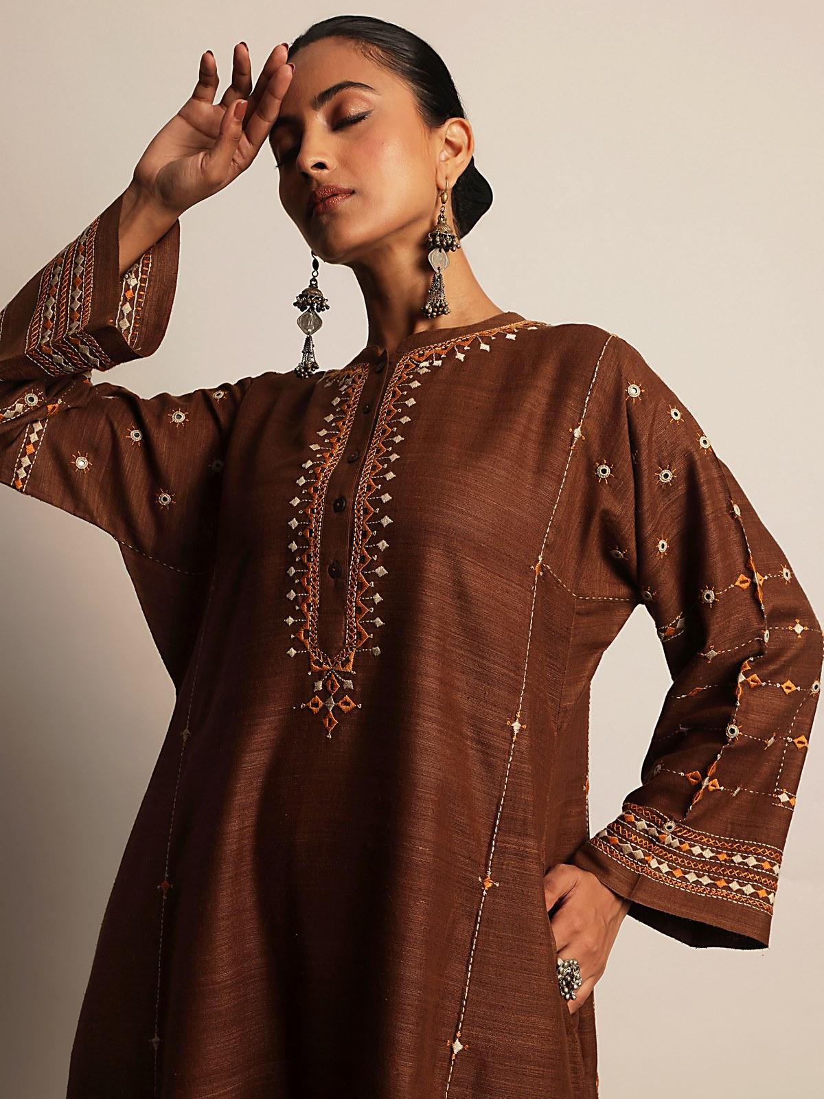 Brown Silk Desert Embroidered Kurta