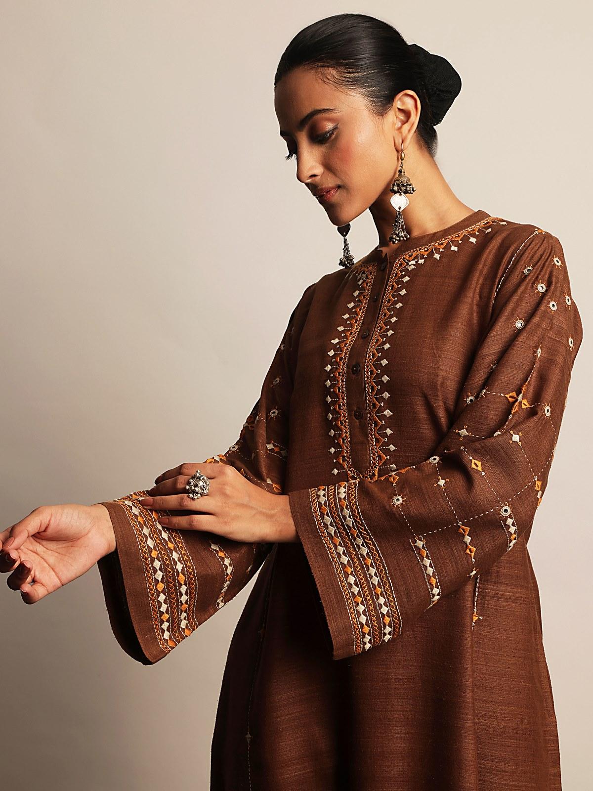 Brown Silk Desert Embroidered Kurta
