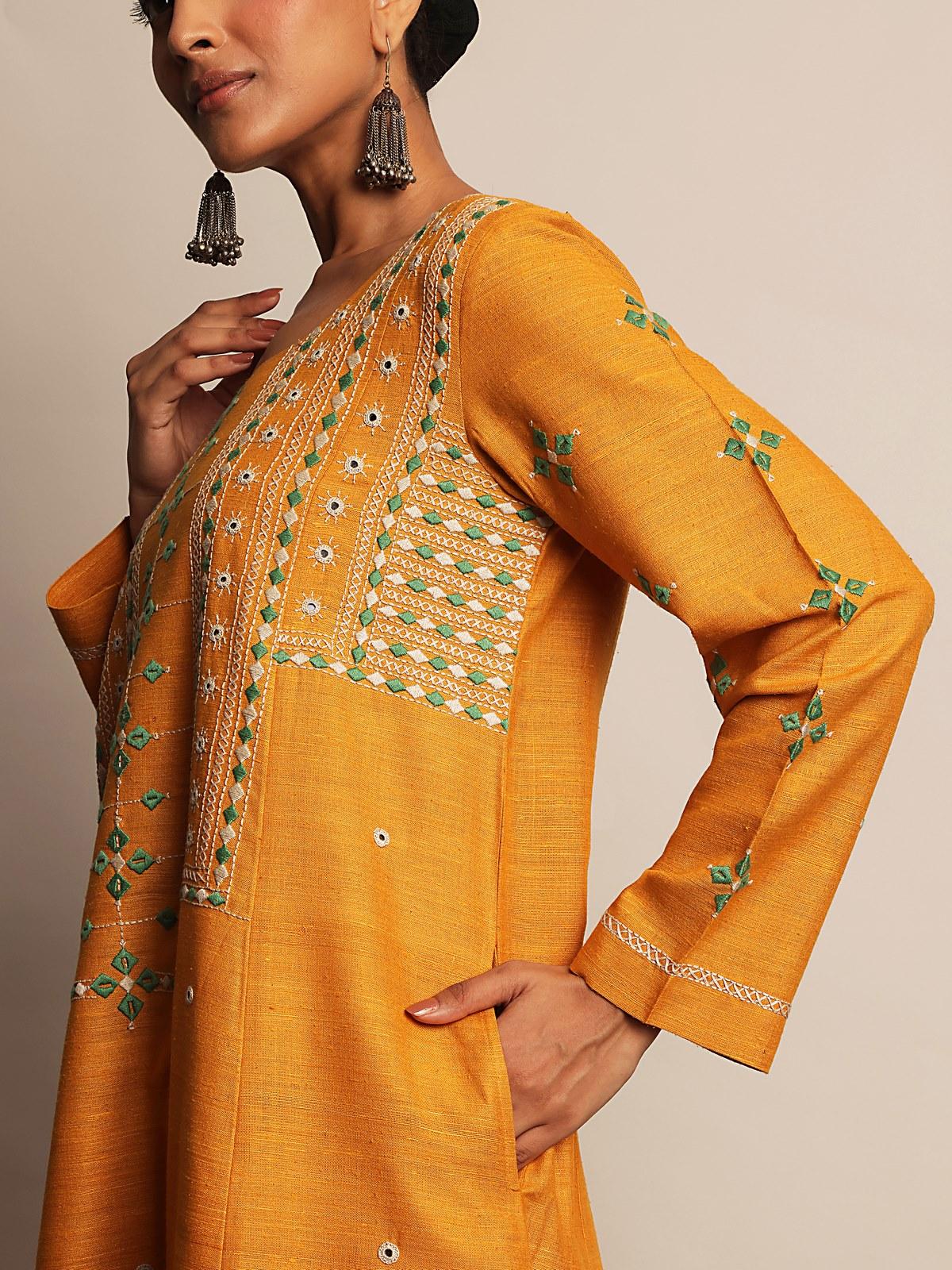 Mustard Silk Desert Embroidered A-Line Kurta