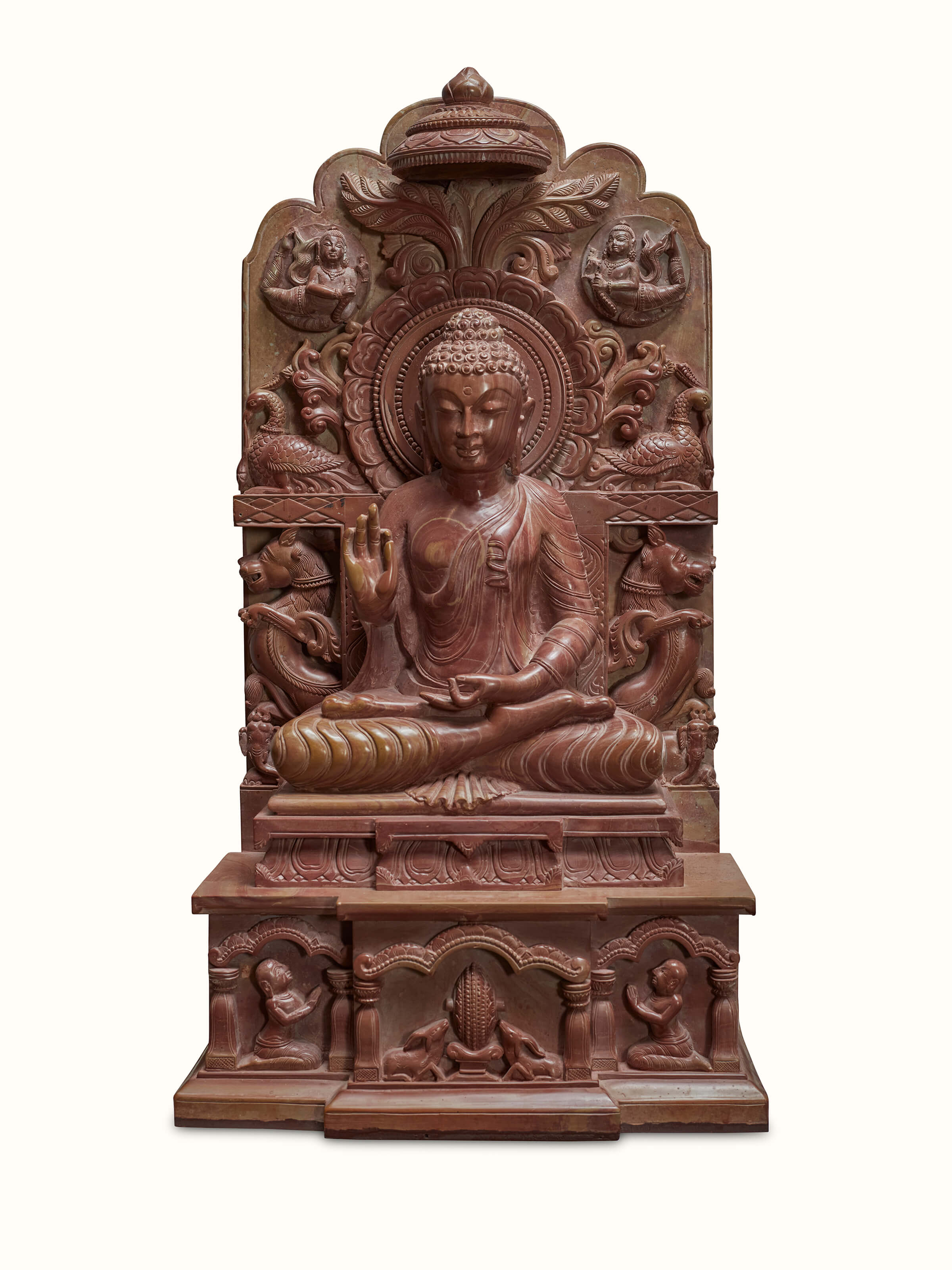 Front view of Carved Stone Enlightened Buddha Idol showcasing detailed stone carving and design.