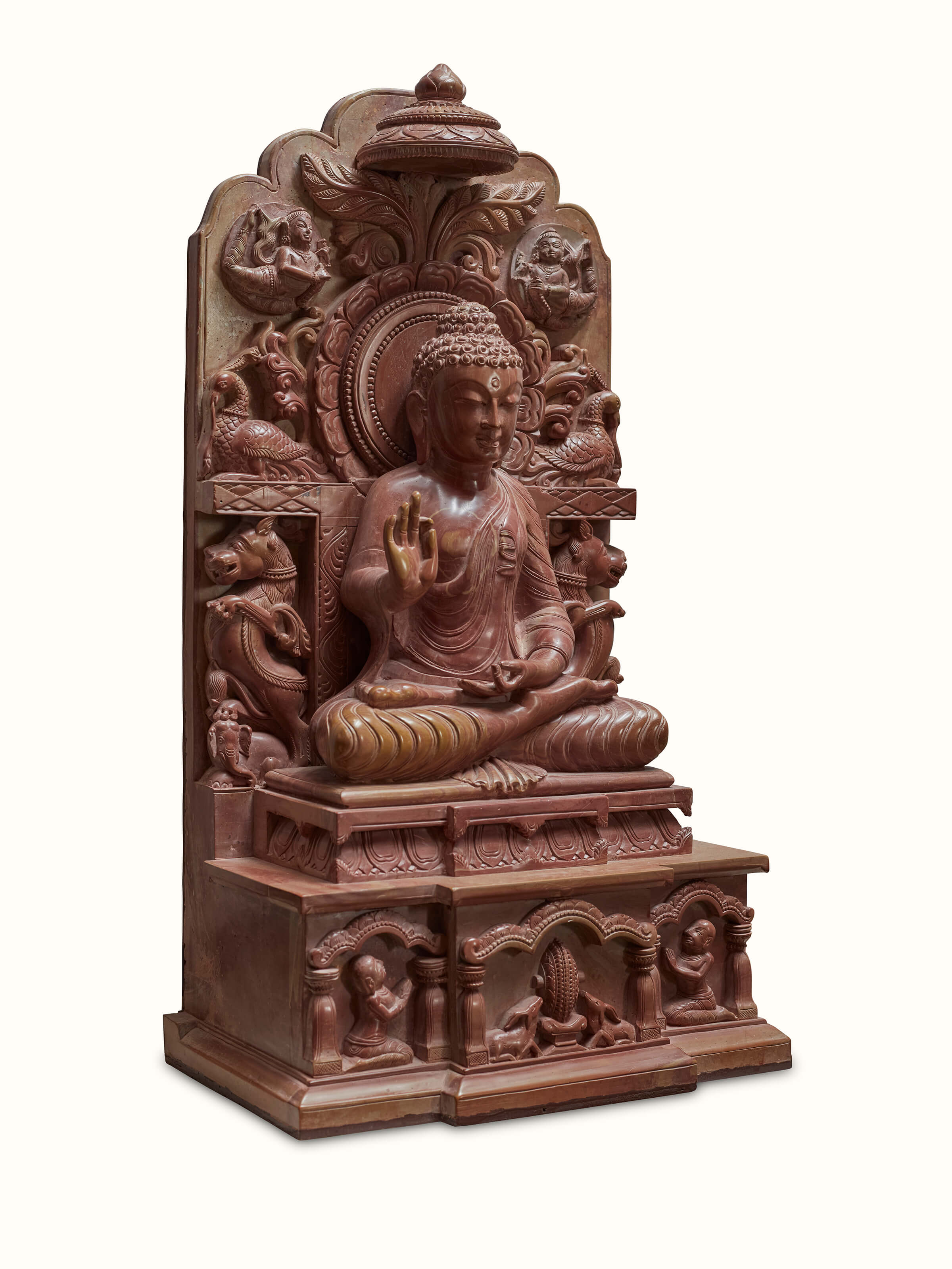 Side view of Carved Stone Enlightened Buddha Idol highlighting the stone carving and overall design.