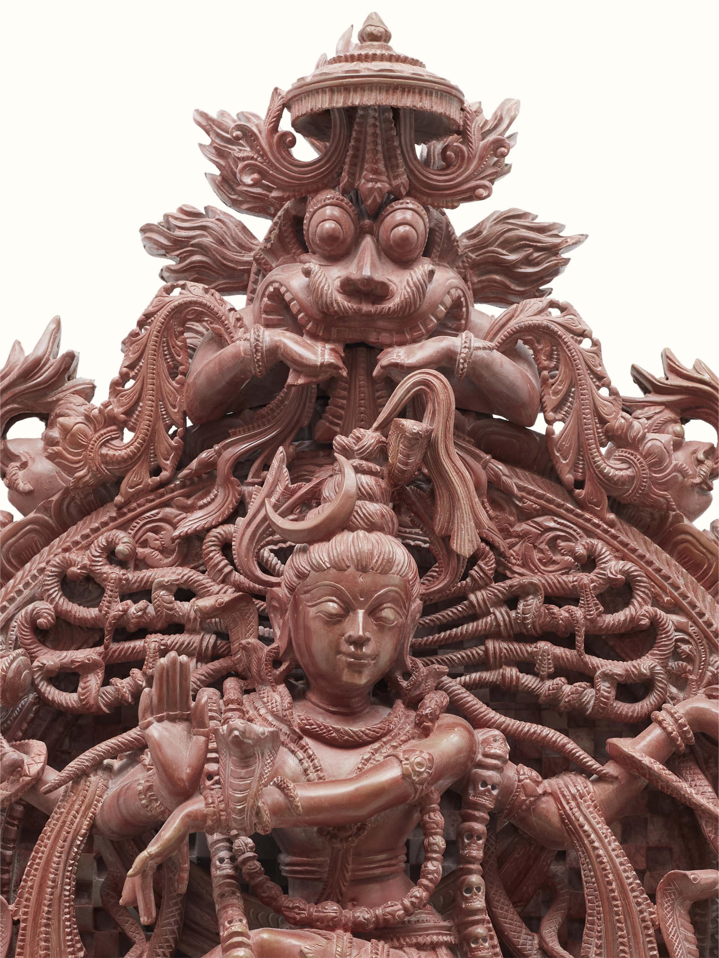 Artistic view of Carved stone Natraj idol in tandav dance, highlighting the stone texture and dance movement.