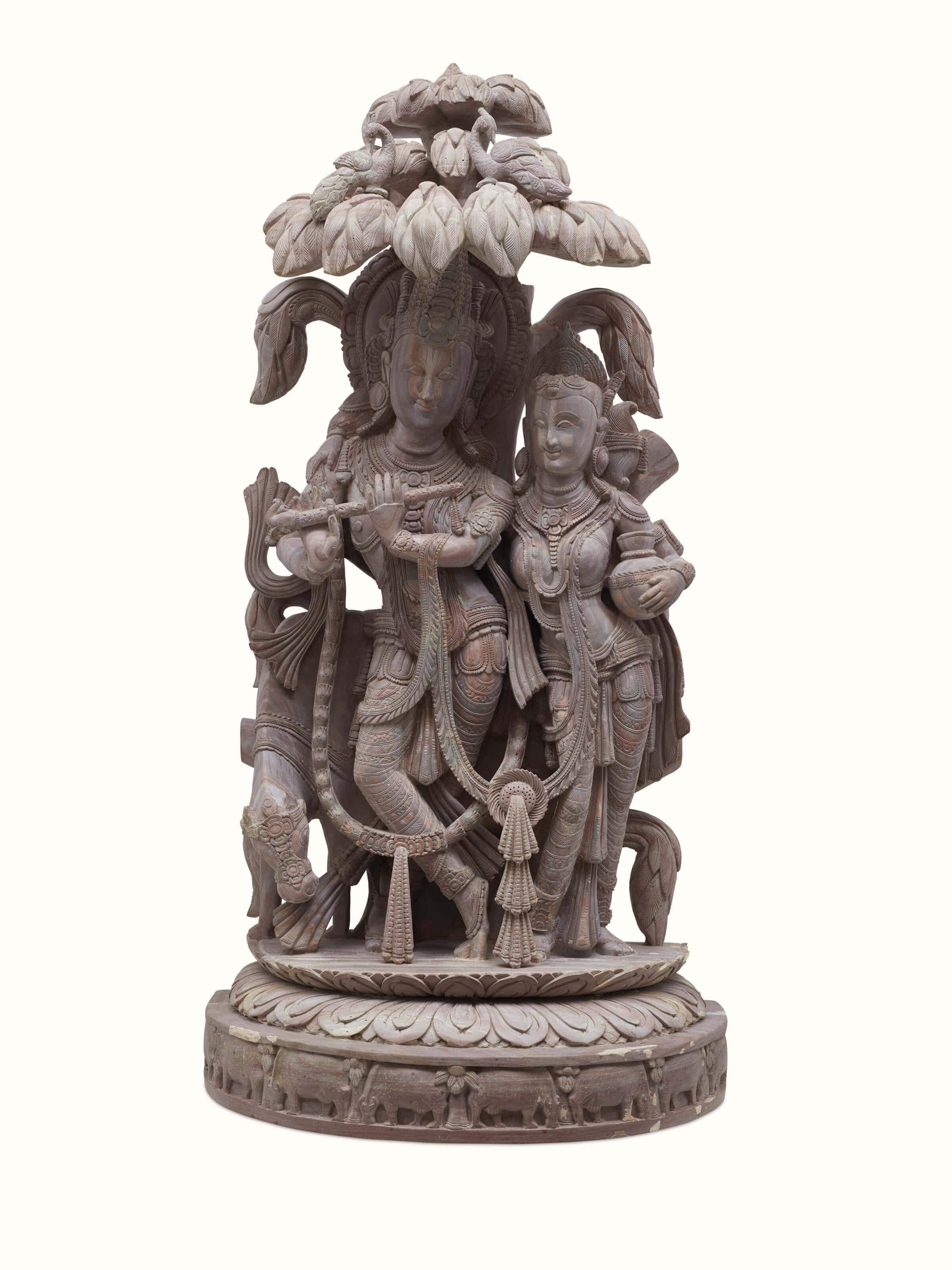 Front view of Carved Stone Radha & Krishna's Romance Idol showcasing detailed carving