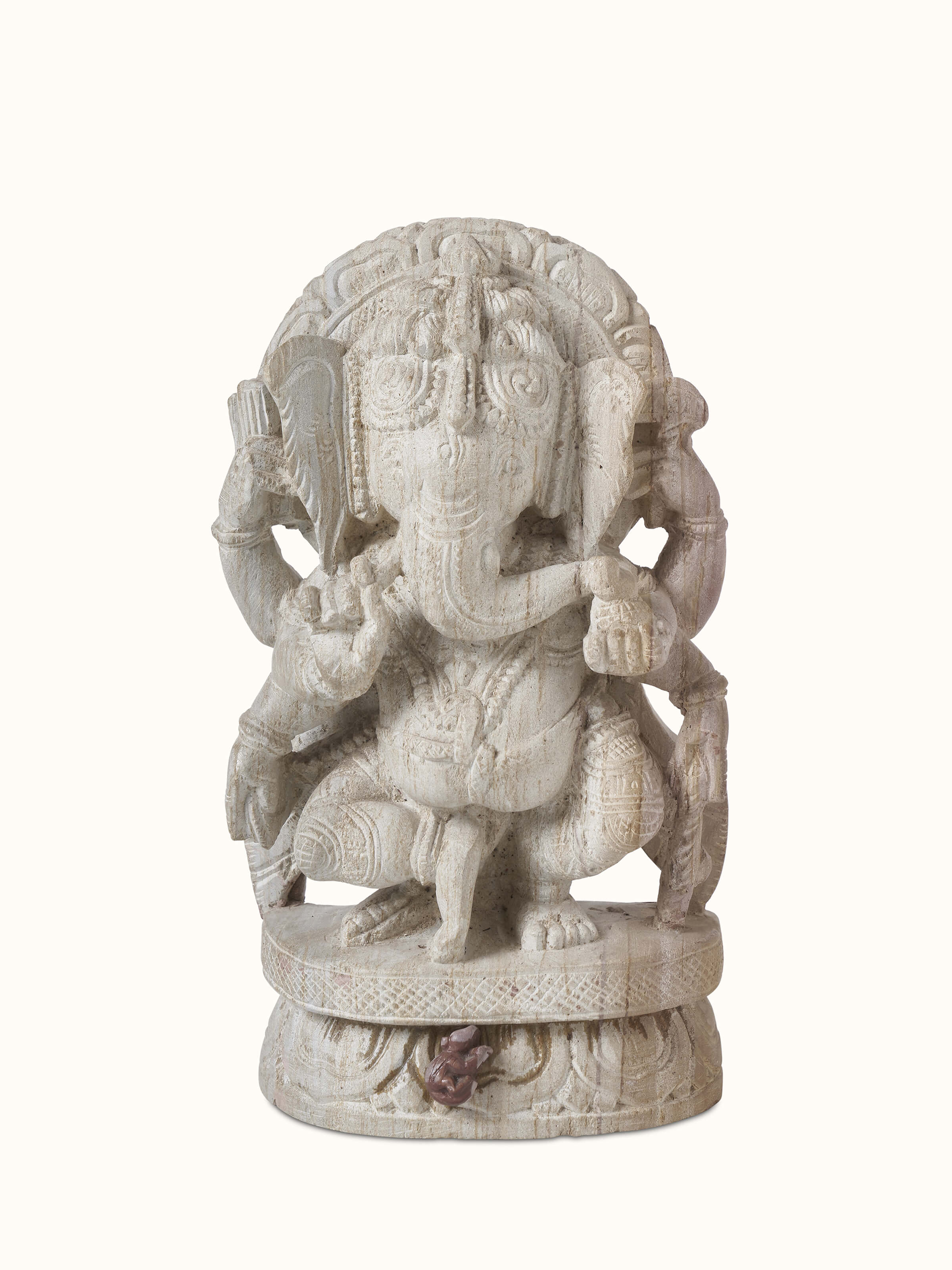 Front view of Divine Carved Stone Ganapathi Idol capturing the intricate carvings and divine presence