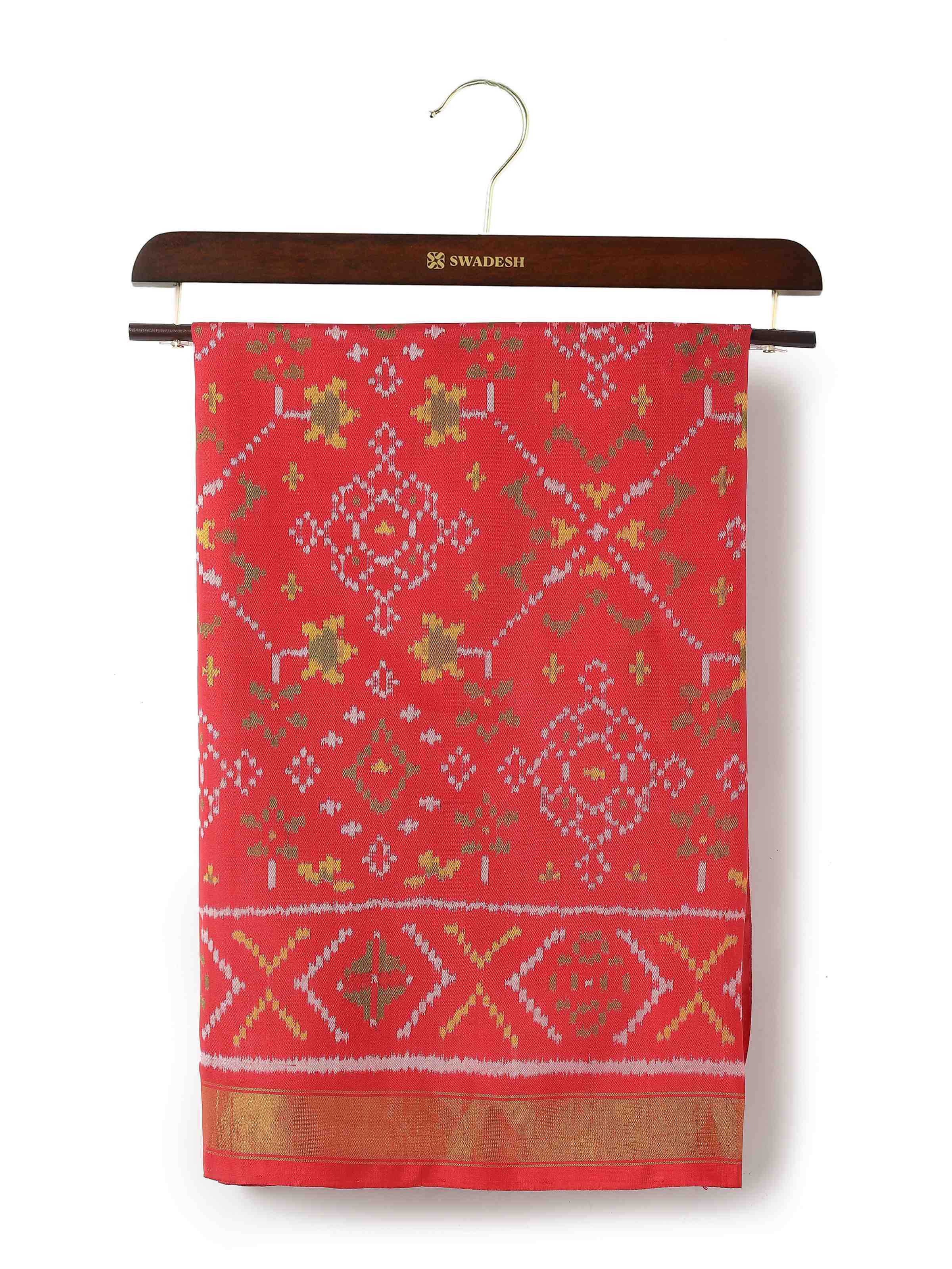 Front view of red silk Ikat dupatta featuring bold geometric patterns and lustrous texture