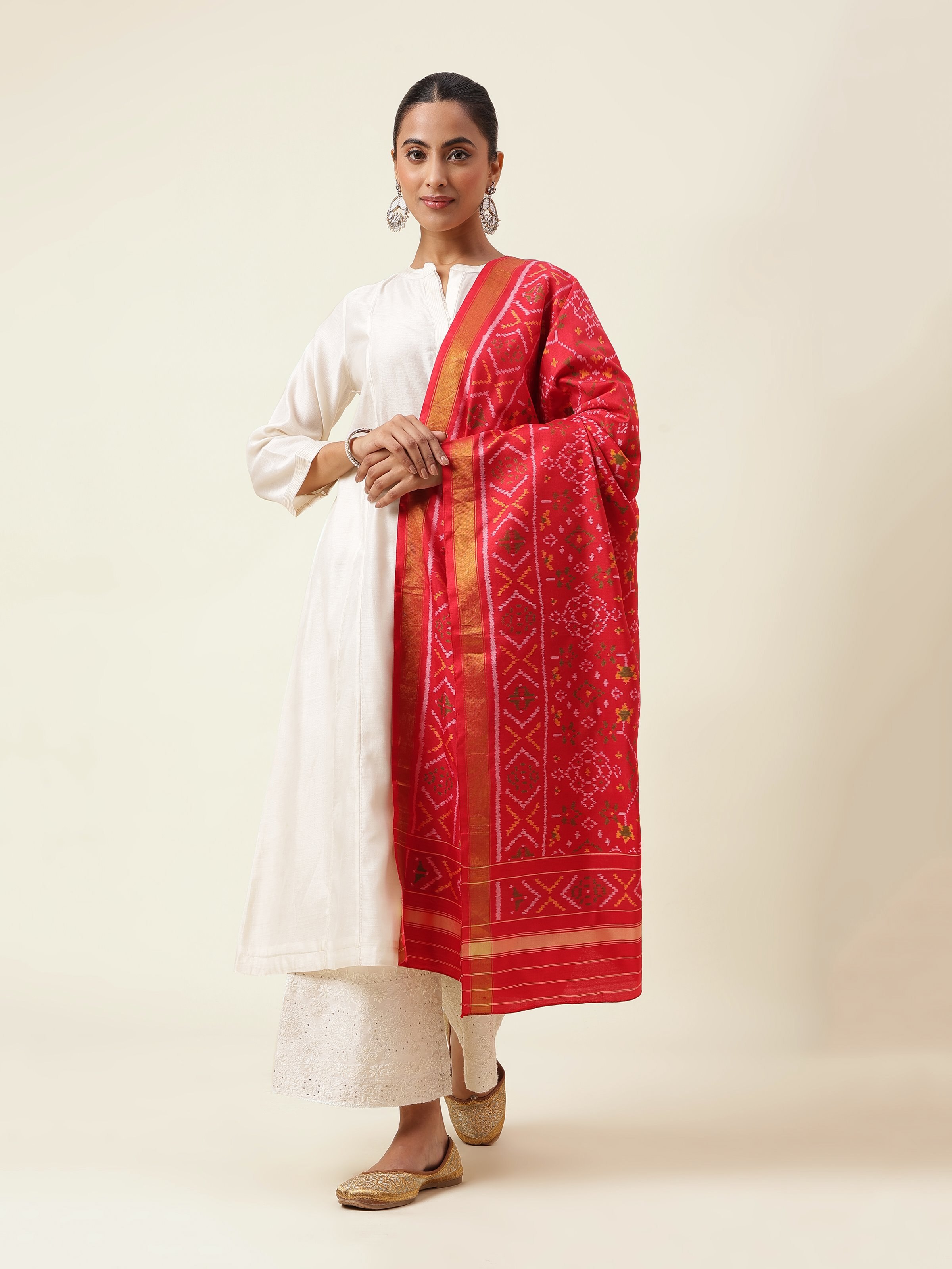 Another frontal angle of red silk Ikat dupatta showing drape and bold woven texture