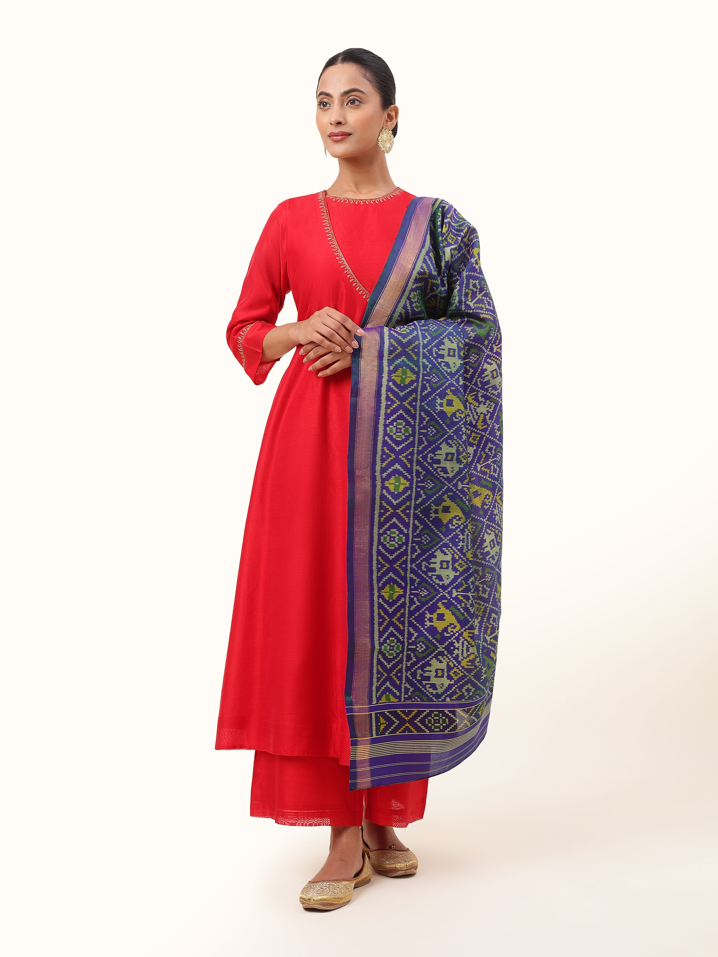 Front view of Blue Silk Ikat Dupatta featuring traditional ikat patterns on soft blue silk fabric by Swadesh.