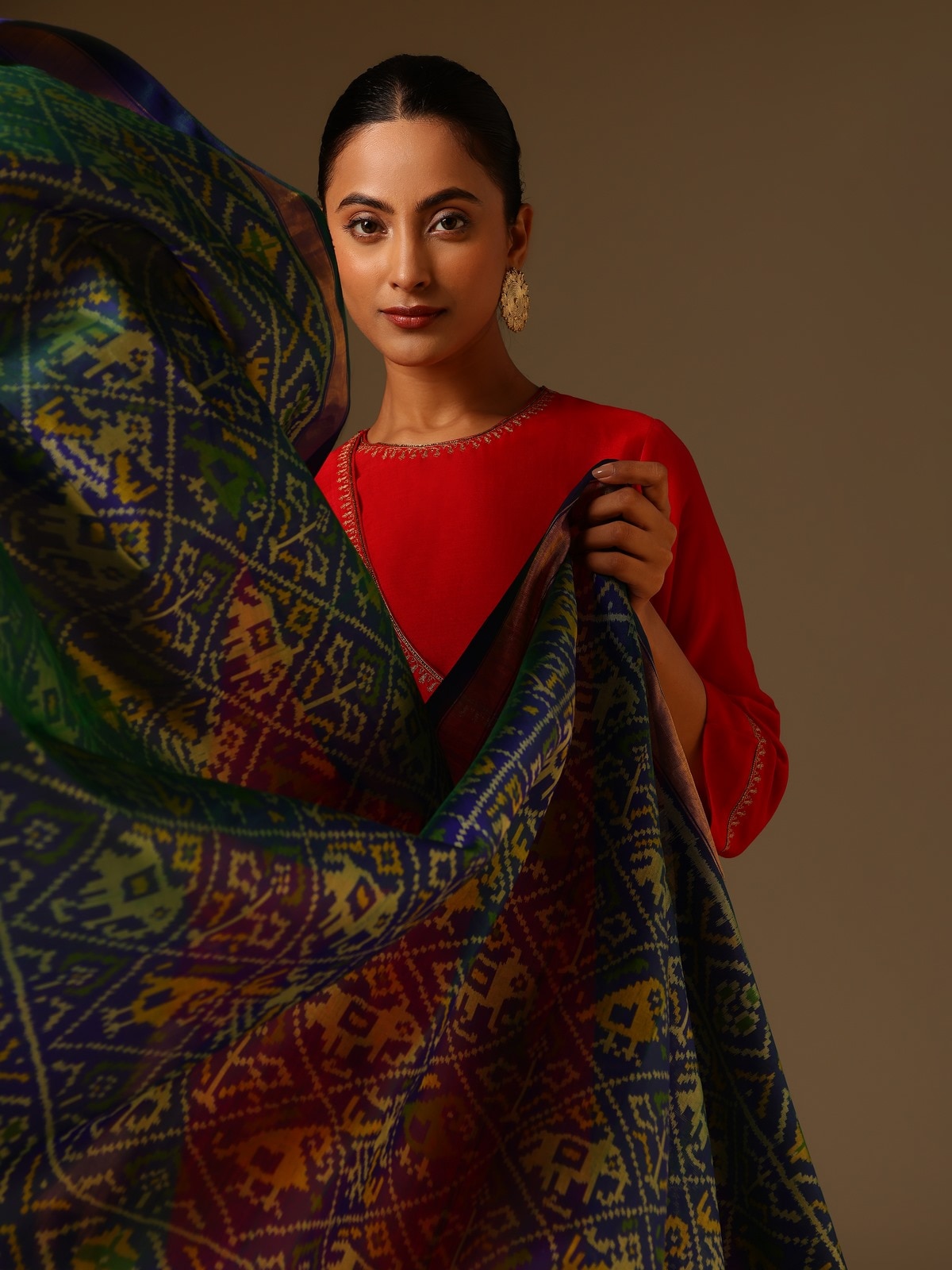Detail close-up of Blue Silk Ikat Dupatta showcasing fine silk threads and ikat motifs.