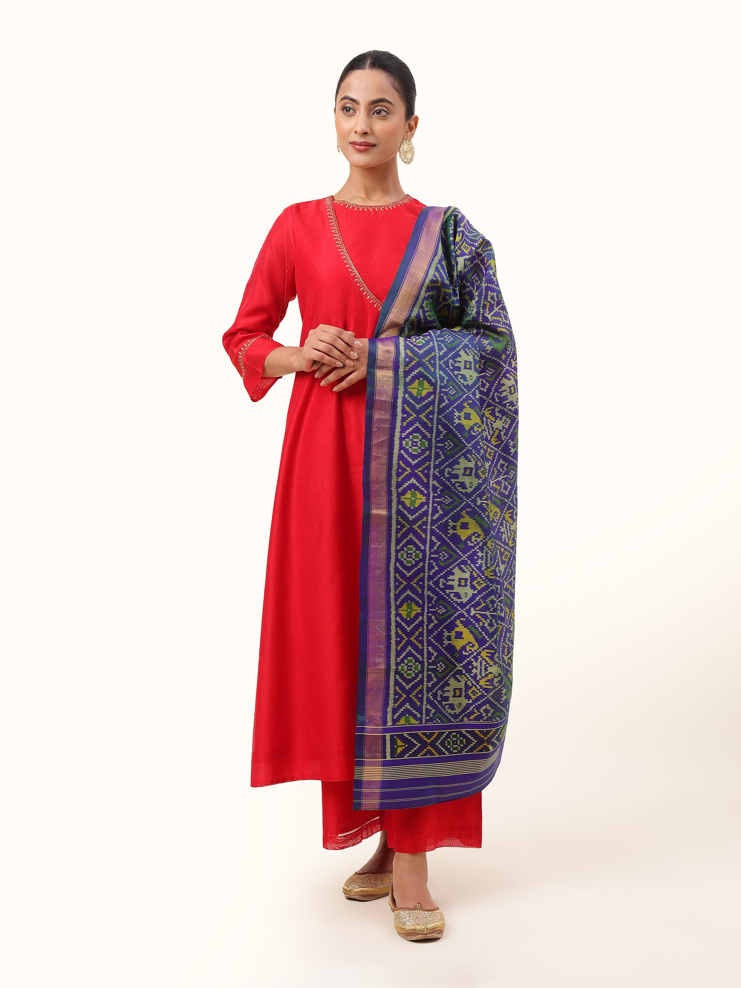 Back view of Blue Silk Ikat Dupatta revealing full ikat pattern and smooth silk finish.