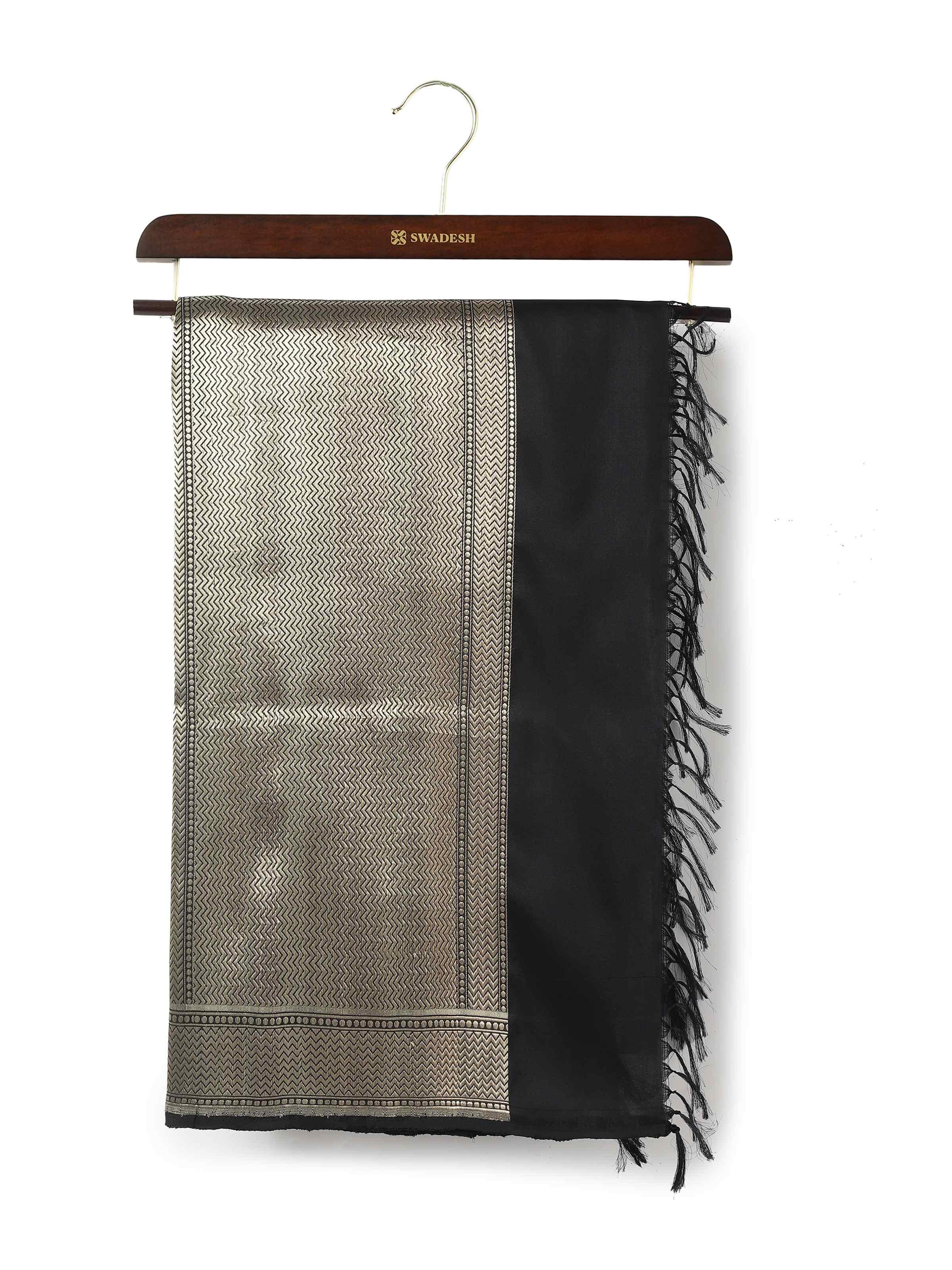 Front view of black Banarasi silk dupatta featuring intricate zari work.