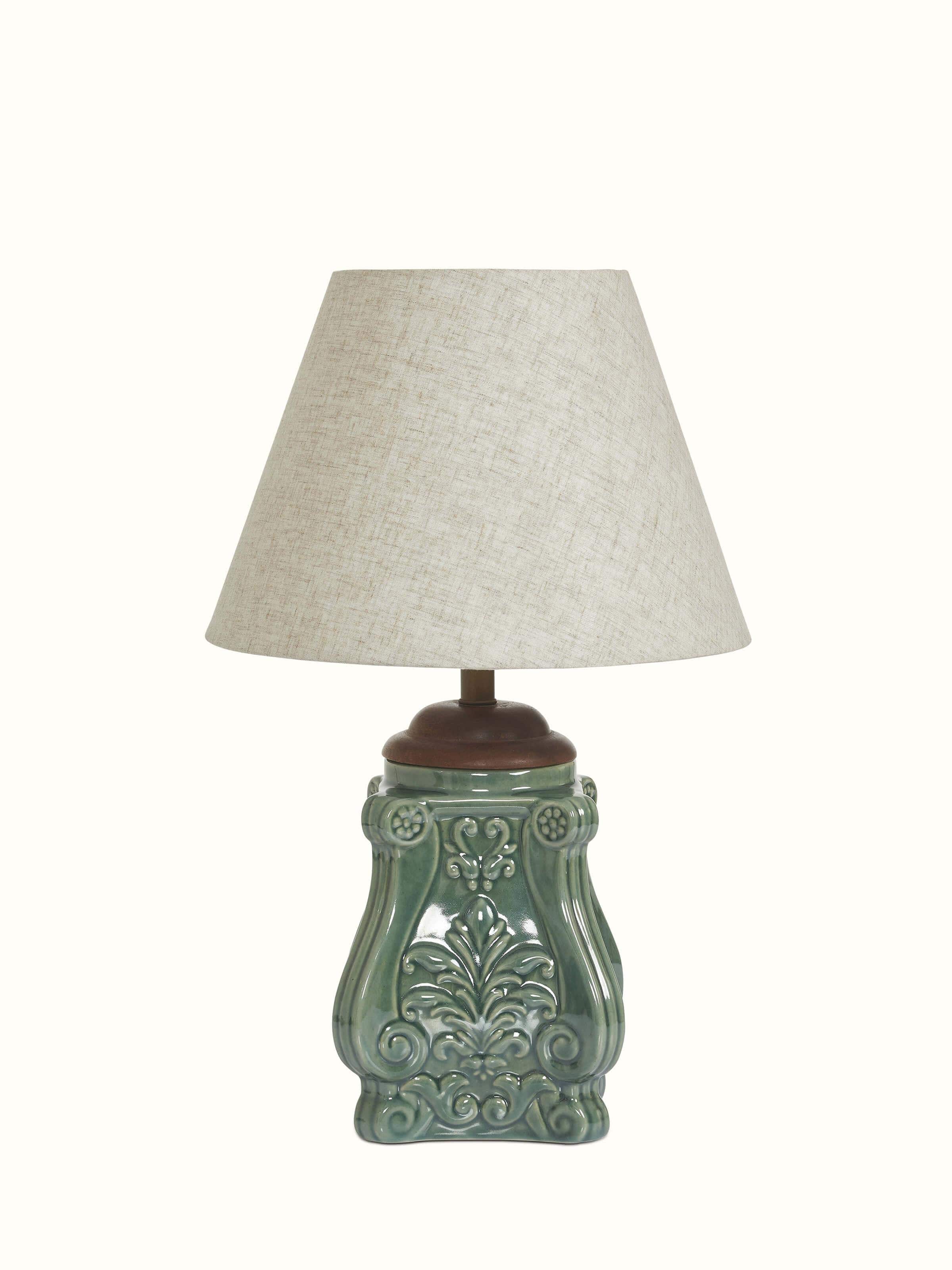 Full view of the studio pottery and cotton LED table lamp, showcasing its elegant design and functionality.