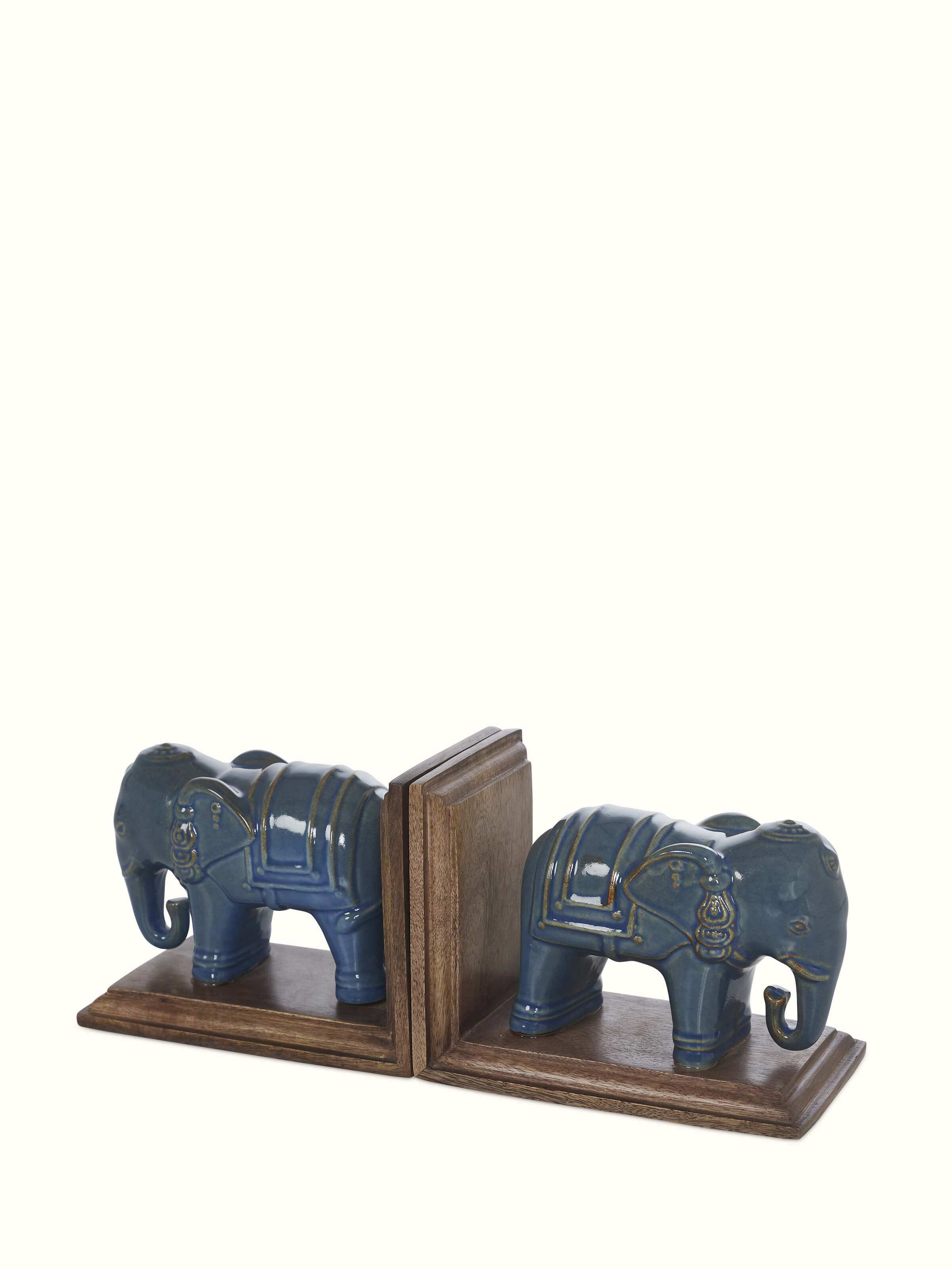 Angled view of Blue pottery stone elephant table bookends (2 pcs) emphasizing the intricate patterns and craftsmanship