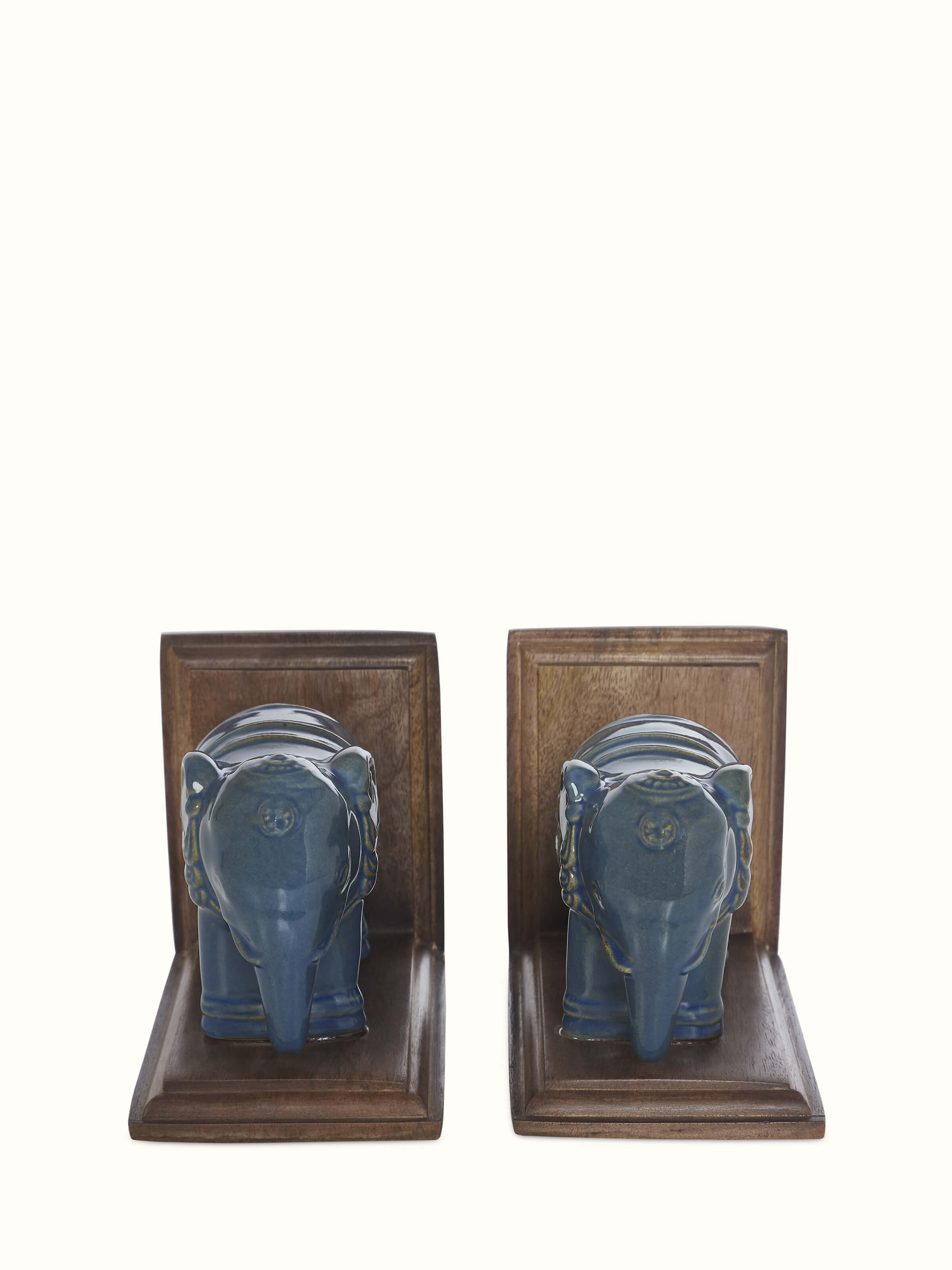 Side view of Blue pottery stone elephant table bookends (2 pcs) highlighting the decorative elements and sturdy design