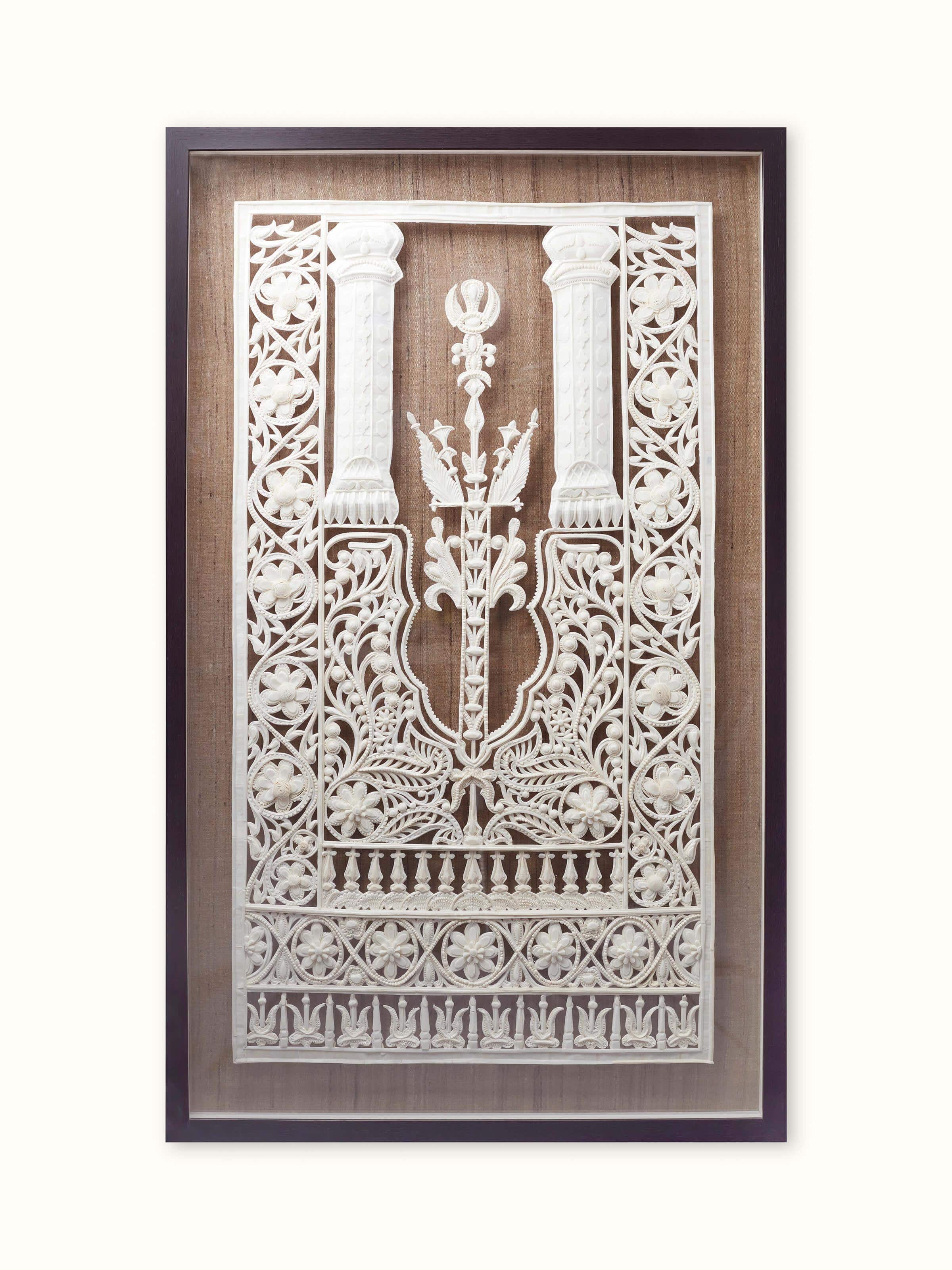 Front view of Sholapith jharokha wall hanging showcasing intricate handcraft