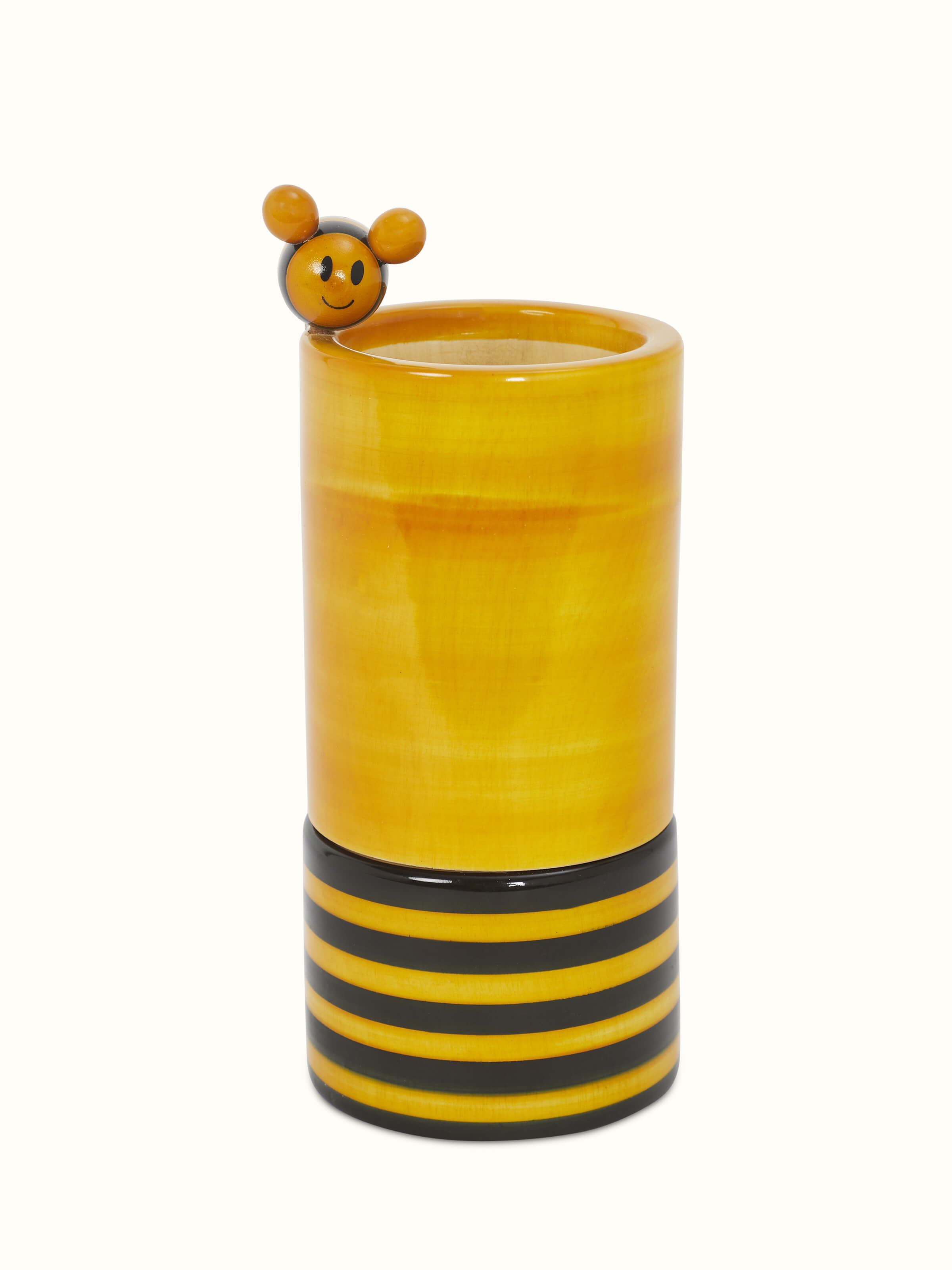 Side view of Channapatna Wooden Honey Bee Pencil Holder by Swadesh showcasing the intricate wooden carving and functional design.