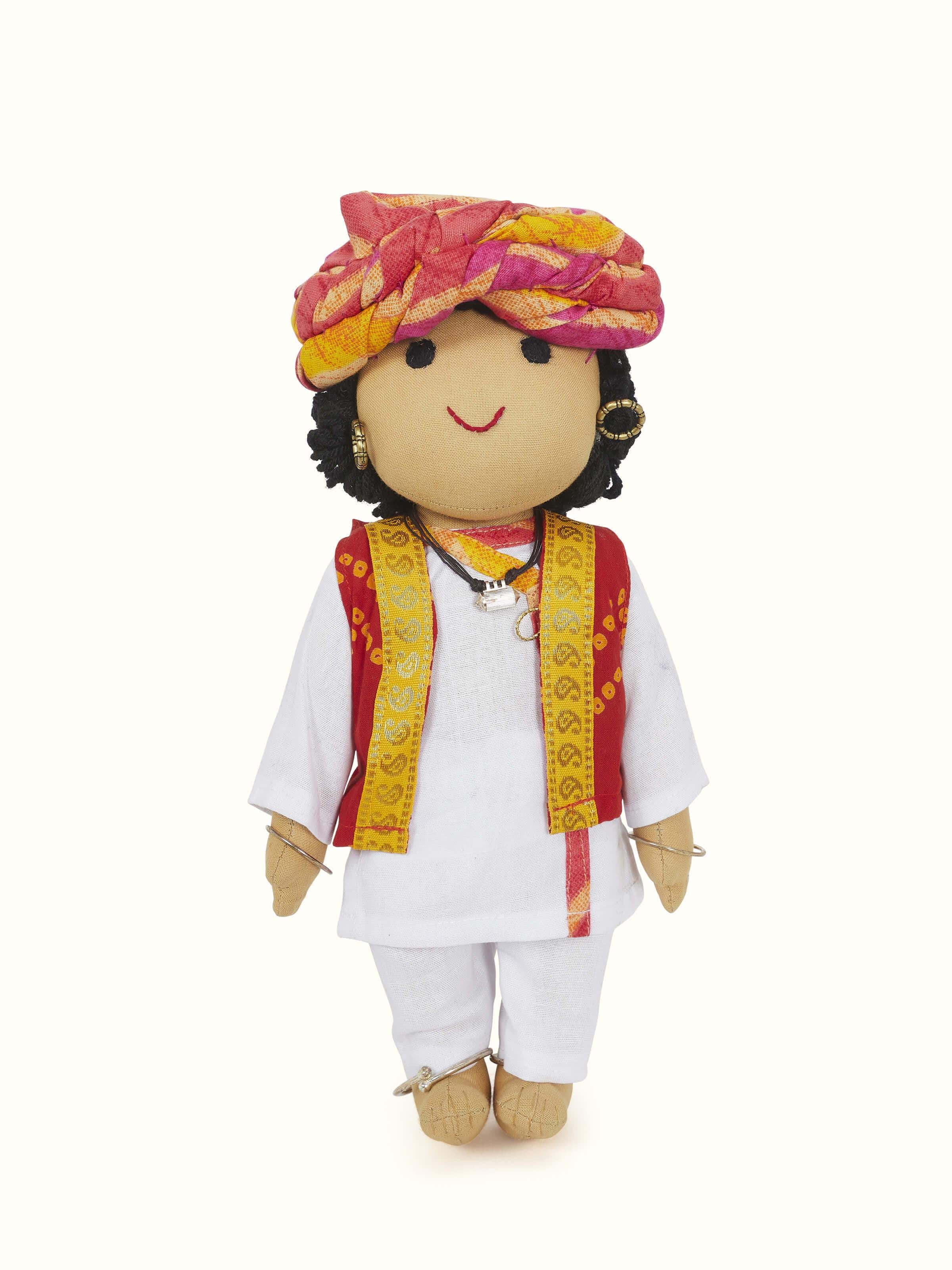 Front view of Crocheted Cotton Rajasthani Boy Soft Toy, featuring vibrant colors and detailed crochet work