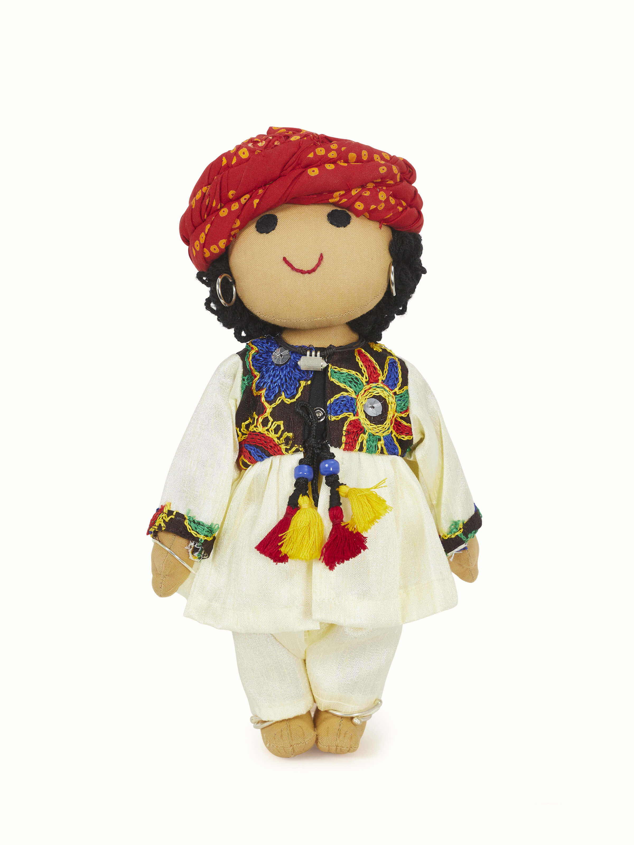 Front view of Crocheted cotton Rajasthani boy soft toy showcasing its vibrant colors and handcrafted details