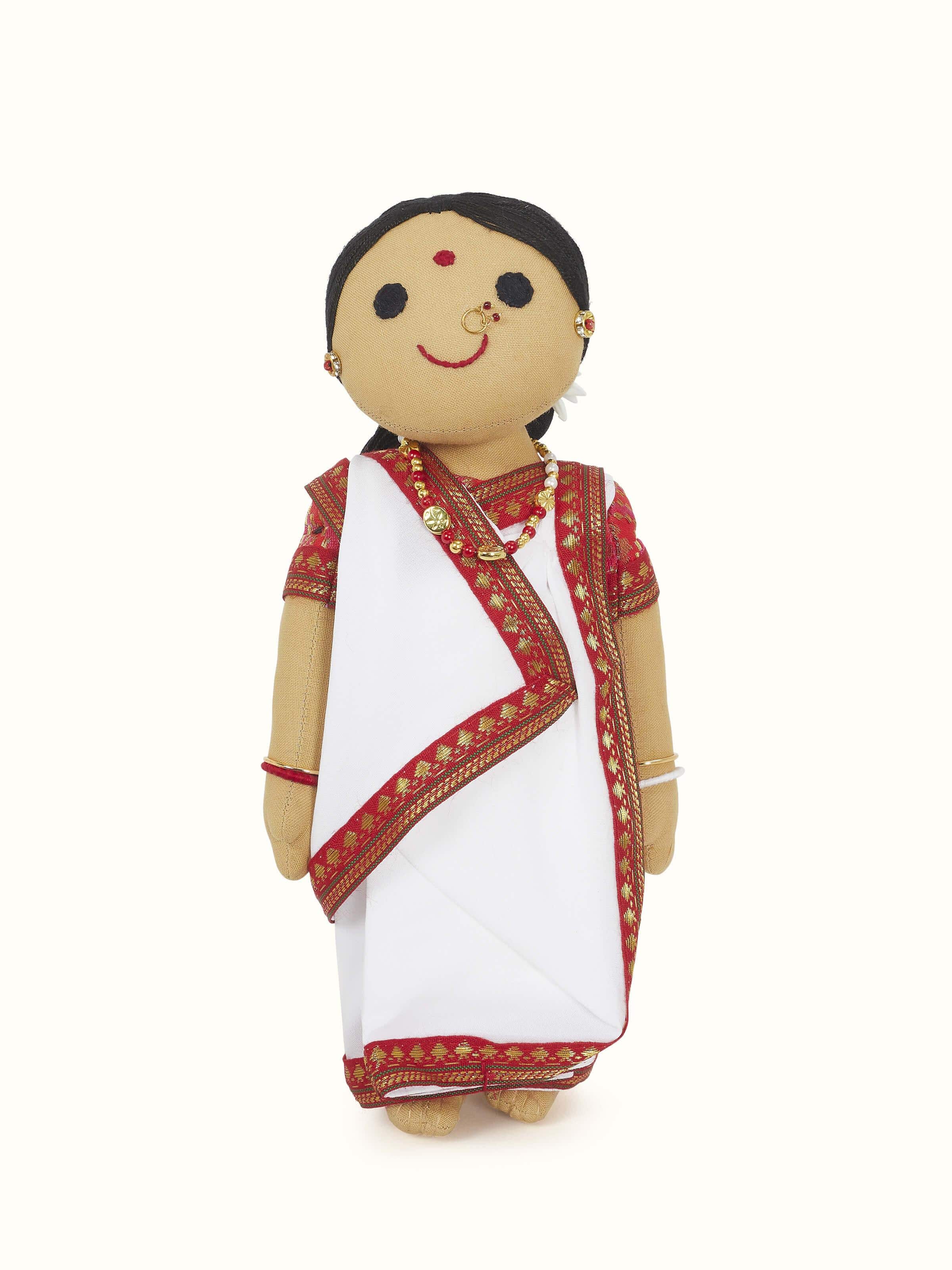 Crocheted cotton Bengali girl soft toy, showing the vibrant colors and detailed crochet work.