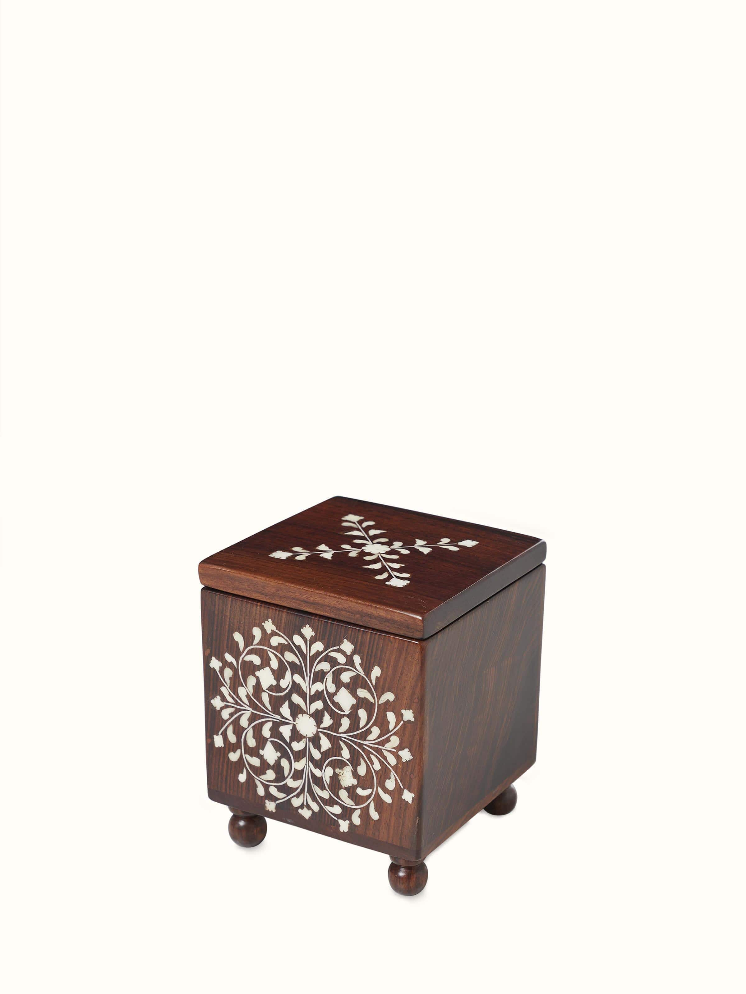 Side view of Sheesham wood and bone inlaid storage box, highlighting its elegant design and craftsmanship.