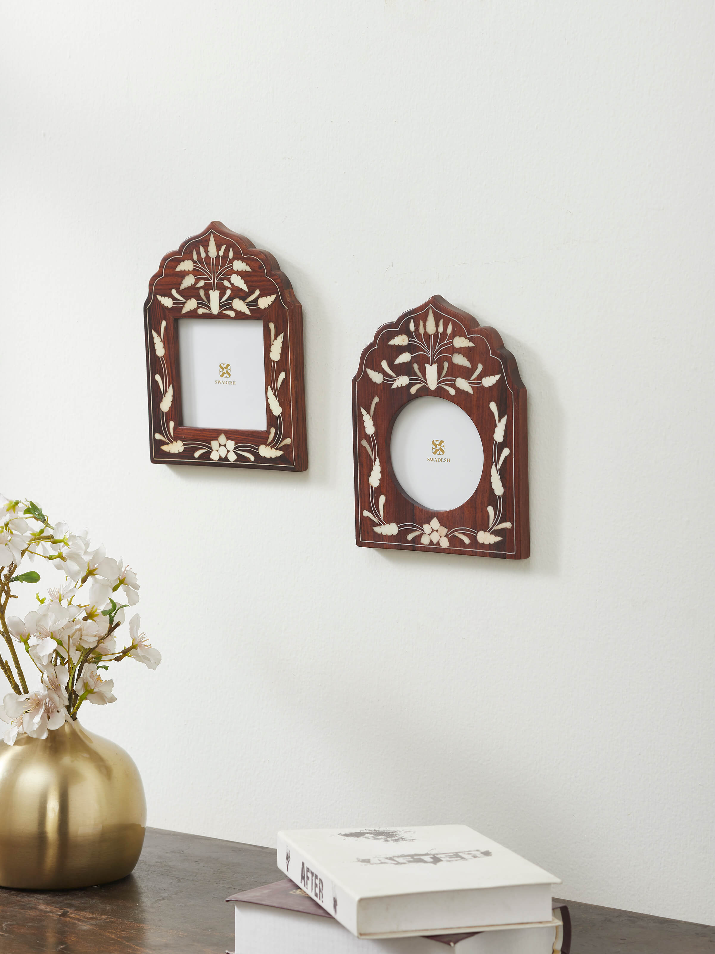 Side view of Natural Sheesham Wood & Bone Inlaid Photo Frames (2 pcs), highlighting the detailed woodwork and inlay