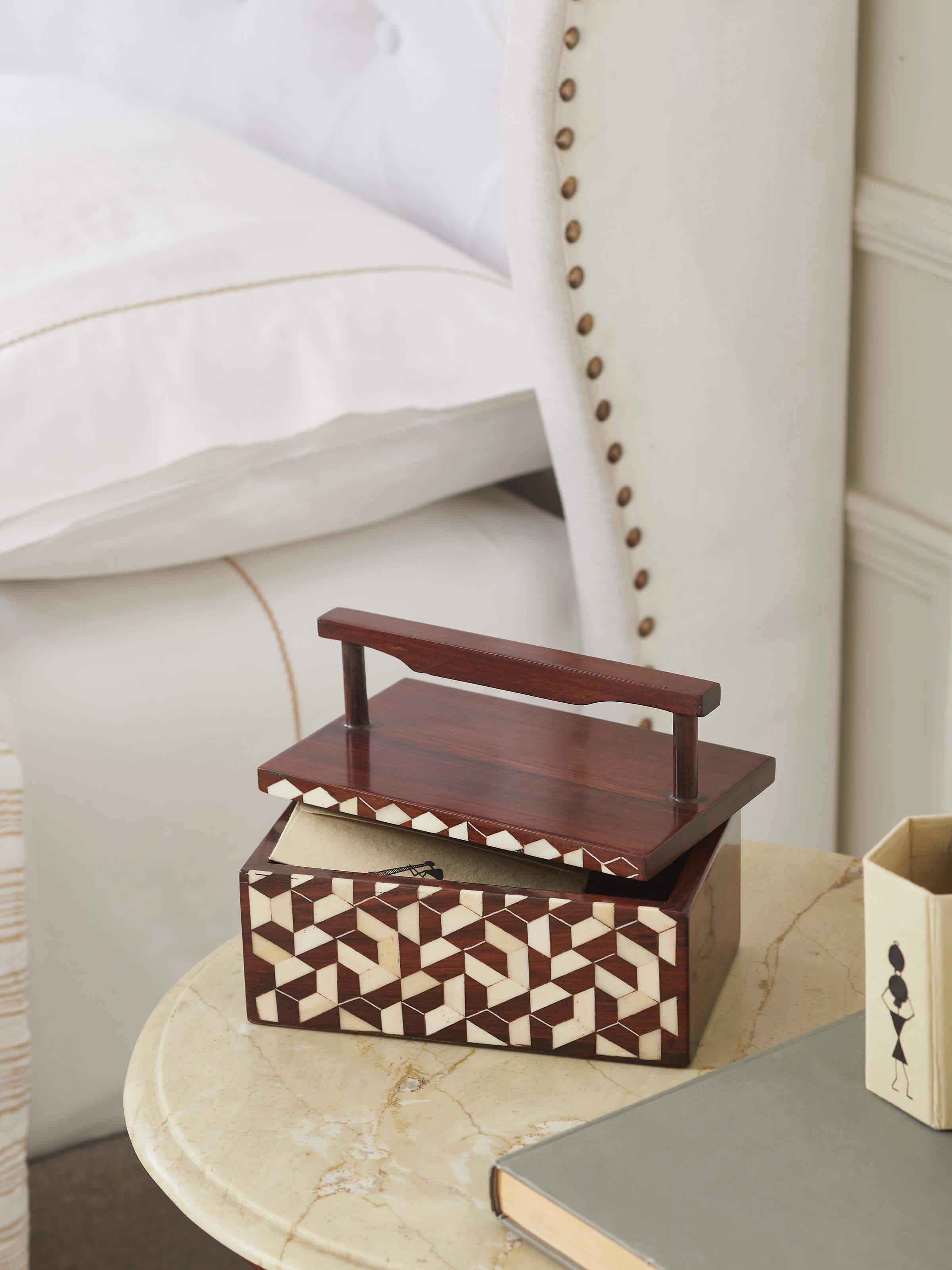 Side view of Natural Sheesham Wood & Bone Inlaid Storage Organiser, highlighting the detailed craftsmanship and storage compartments.