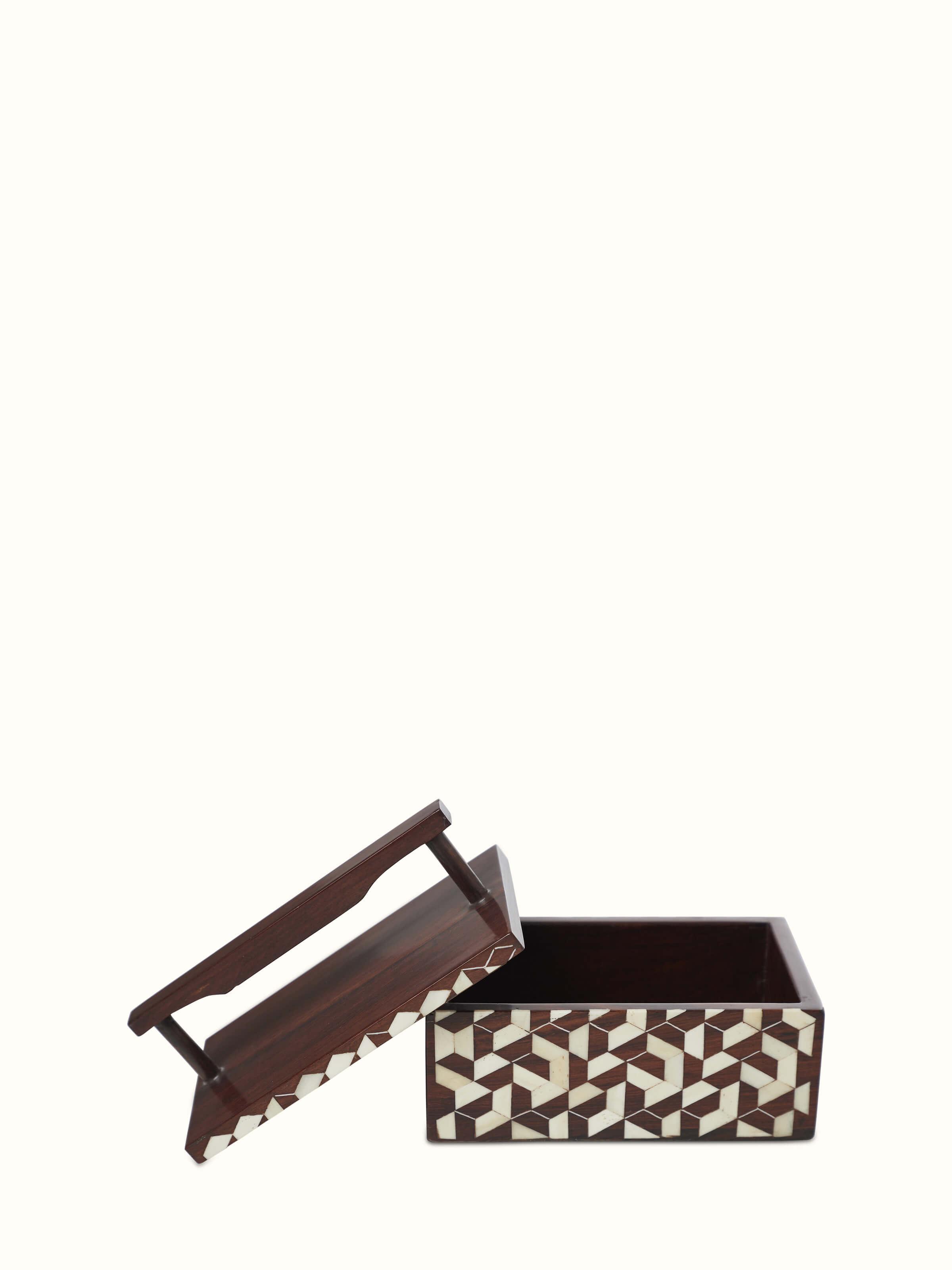 Top view of Natural Sheesham Wood & Bone Inlaid Storage Organiser, showing the overall design and inlay details.