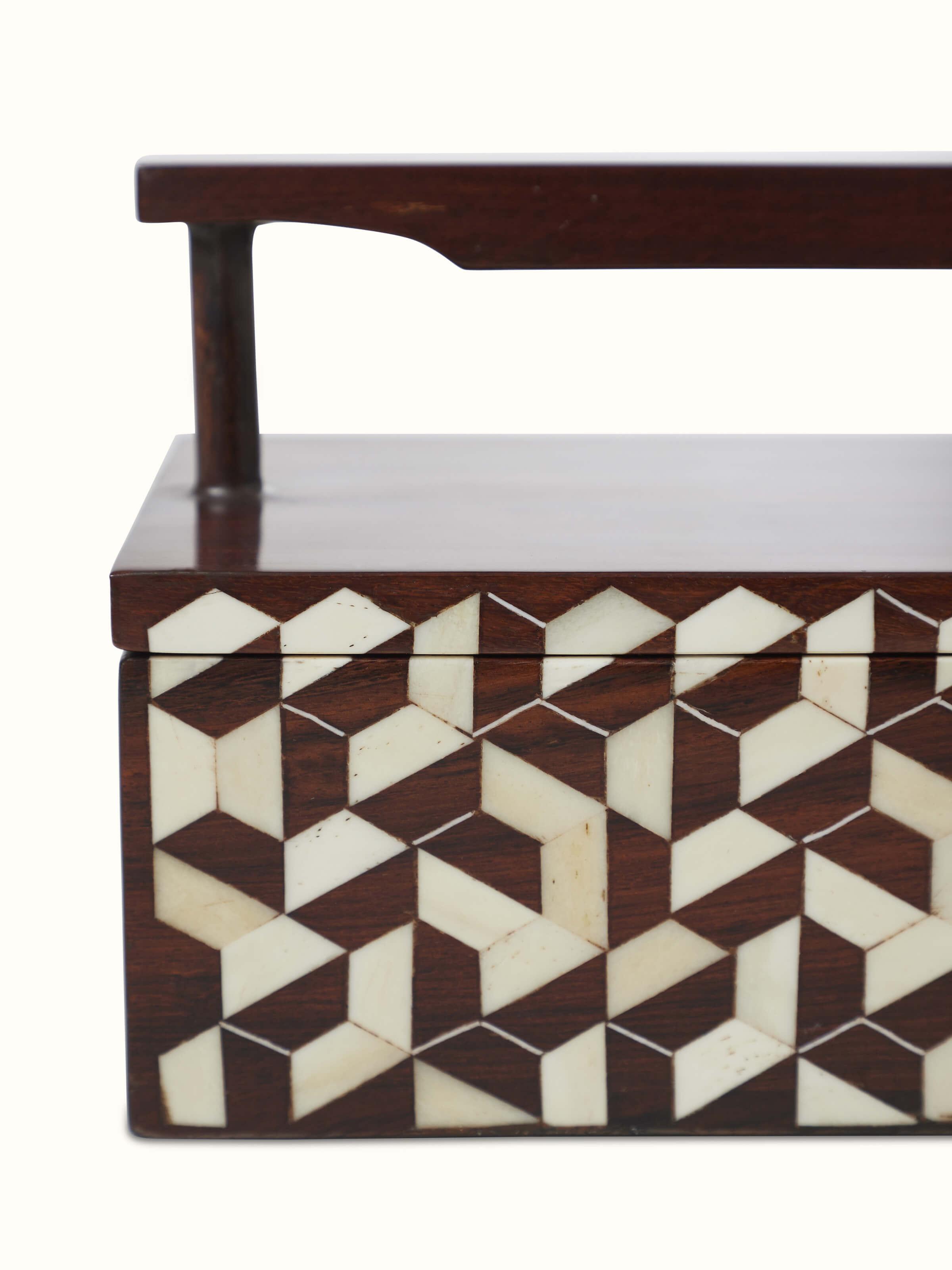 Angled view of Natural Sheesham Wood & Bone Inlaid Storage Organiser, emphasizing its structure and design elements.