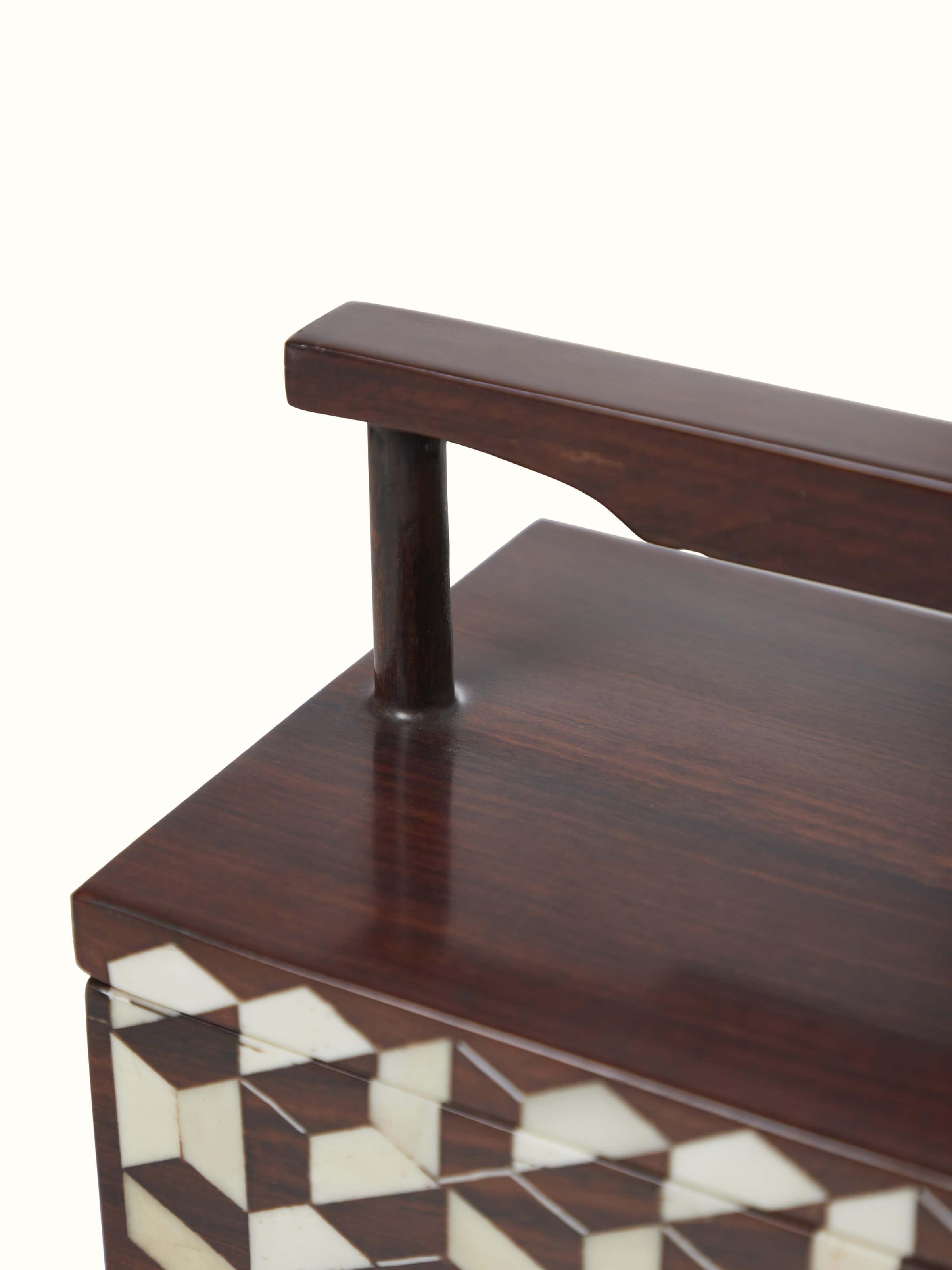 Detailed view of Natural Sheesham Wood & Bone Inlaid Storage Organiser, highlighting the quality of the wood and bone inlay work.