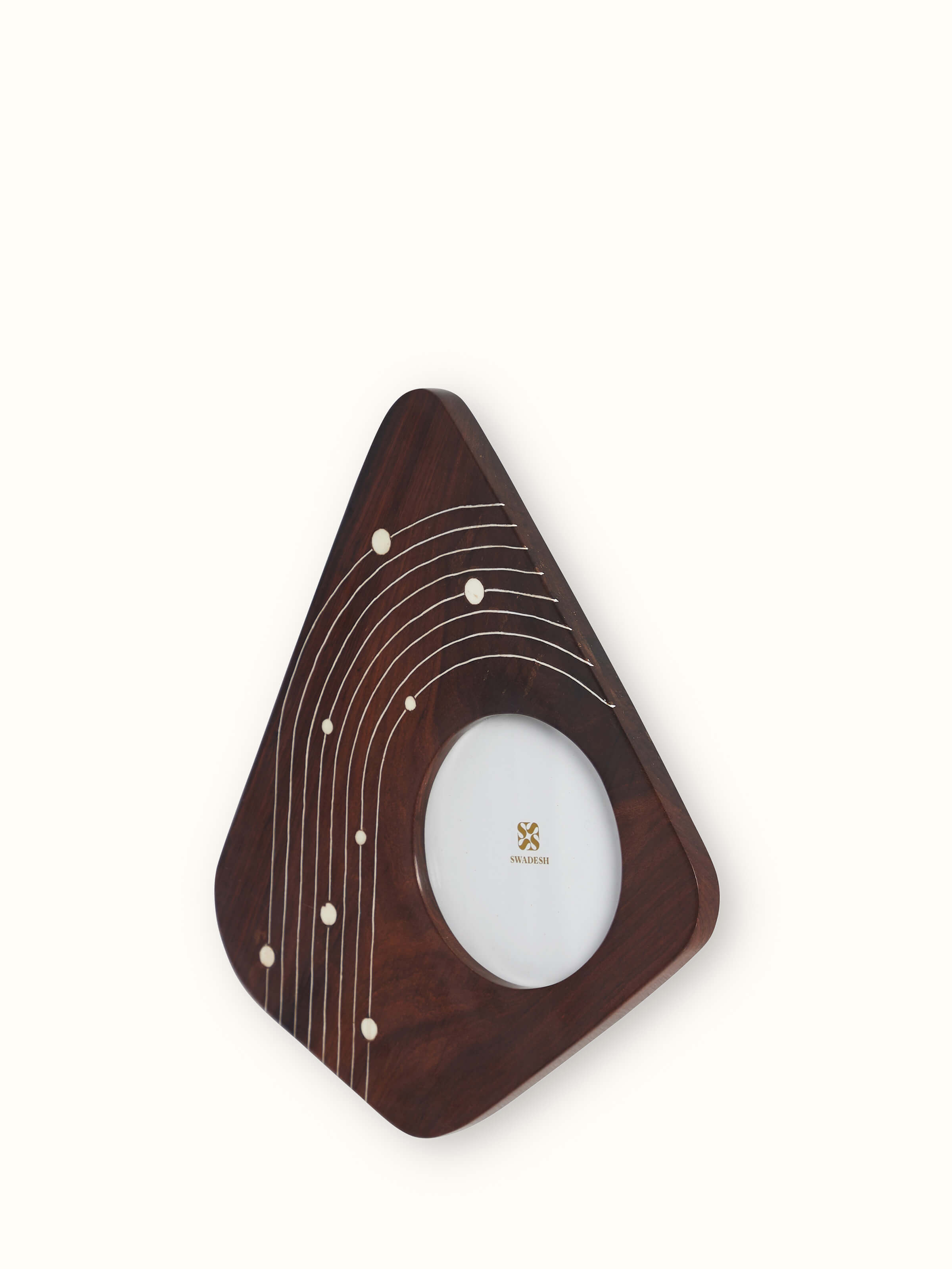Angled view of Natural sheesham wood & bone inlaid photo frame emphasizing the intricate design
