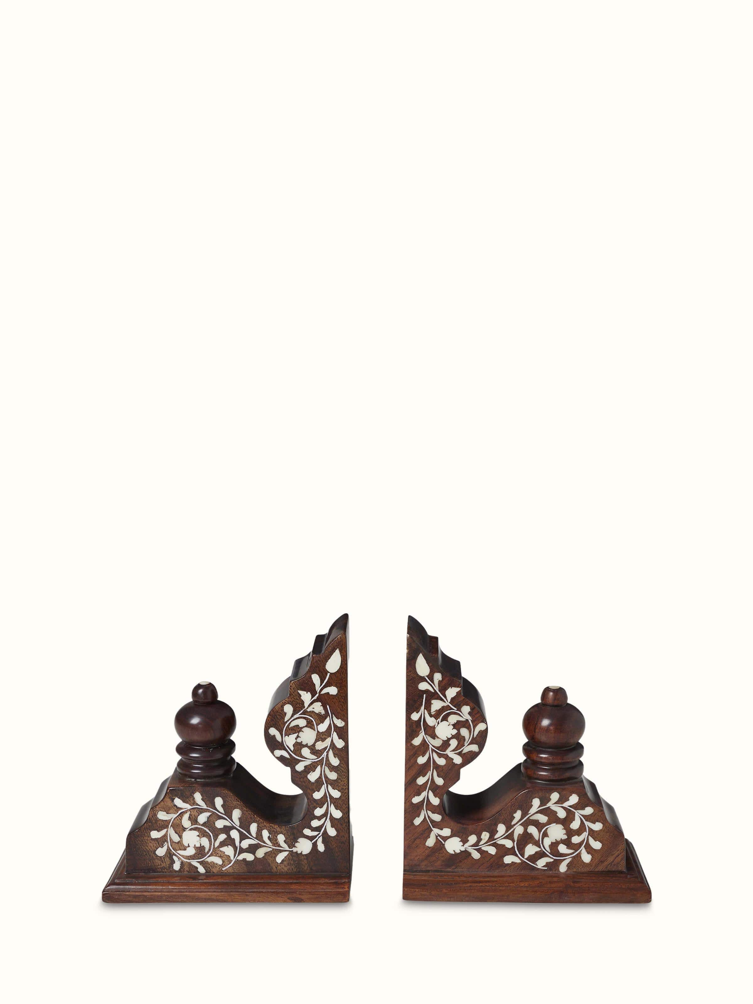 Front view of Hoshiarpur Sheesham Wood & Bone Inlaid Bookends, showcasing the intricate bone inlay and wood finish