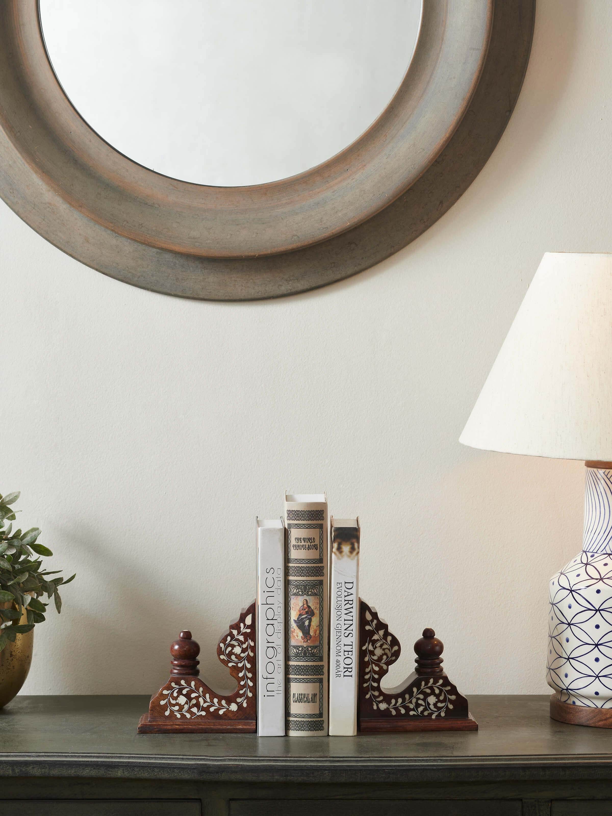 Side view of Hoshiarpur Sheesham Wood & Bone Inlaid Bookends, highlighting the detailed inlay work and wood texture