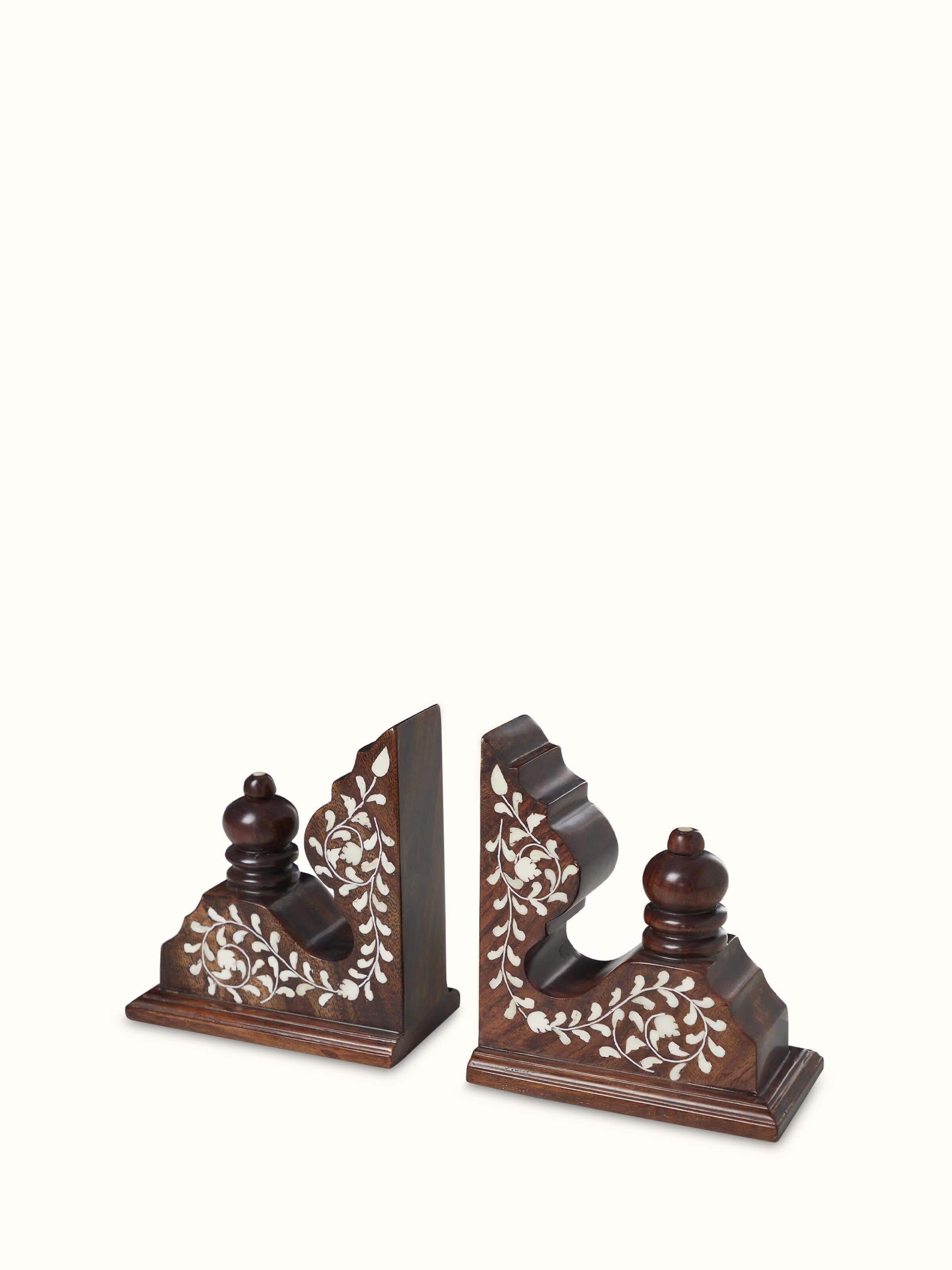 Close-up of Hoshiarpur Sheesham Wood & Bone Inlaid Bookends, focusing on the precision of the bone inlay details