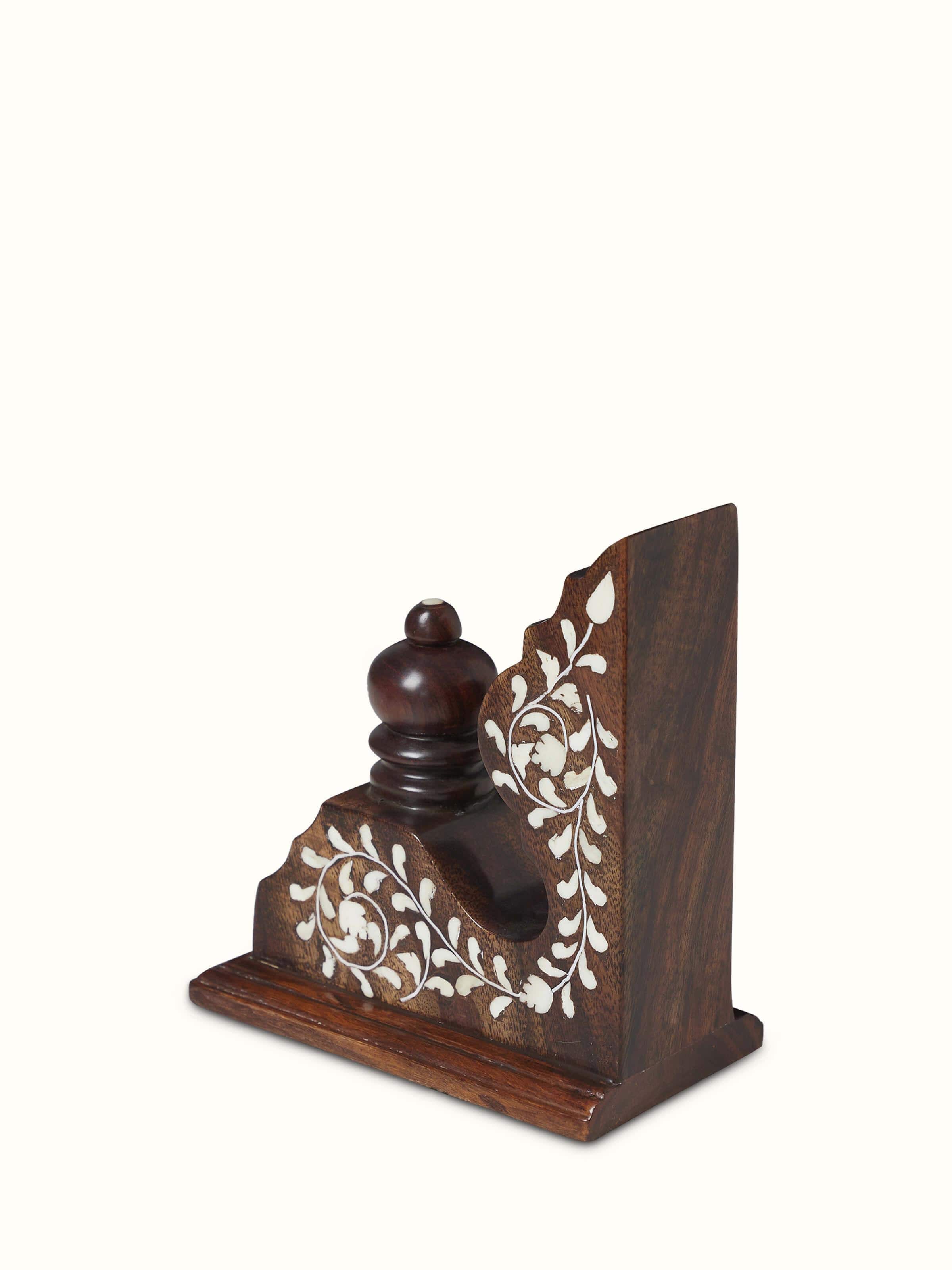 Angled view of Hoshiarpur Sheesham Wood & Bone Inlaid Bookends, showing the overall design and craftsmanship