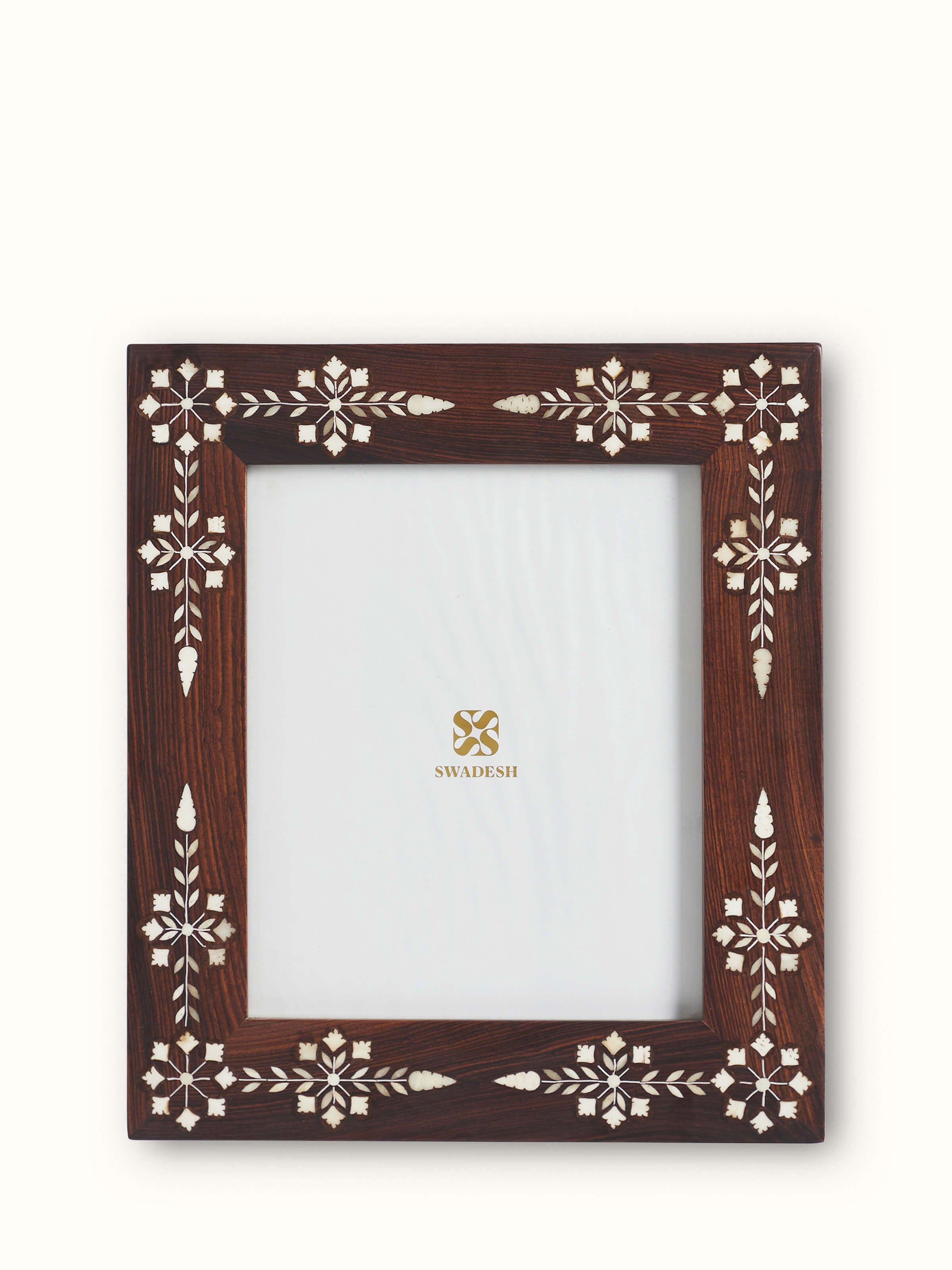 Rectangular Sheesham wood and bone inlaid photo frame with intricate designs and a classic finish.