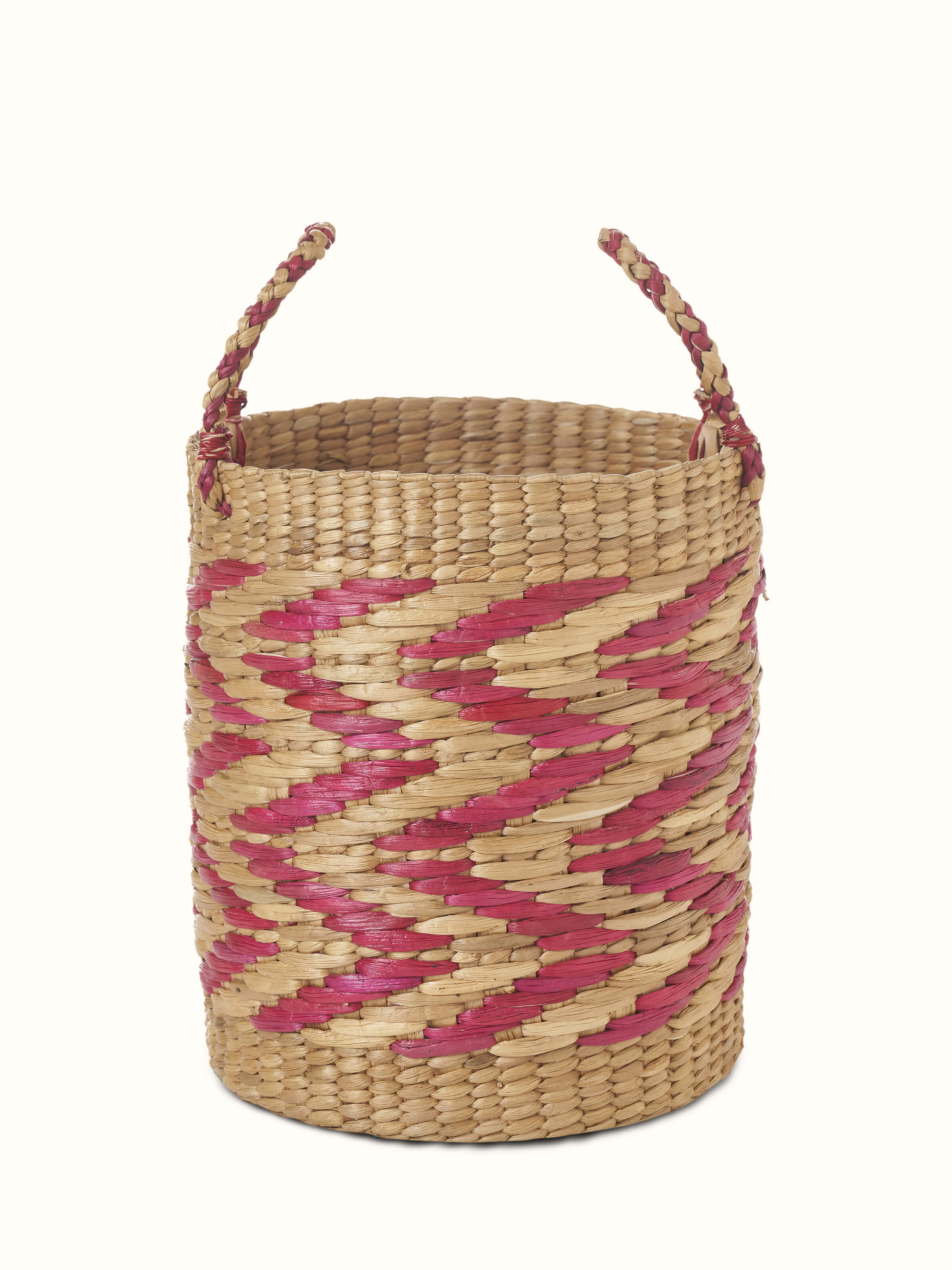Front view of natural water hyacinth fibre waste bin in multicolor design