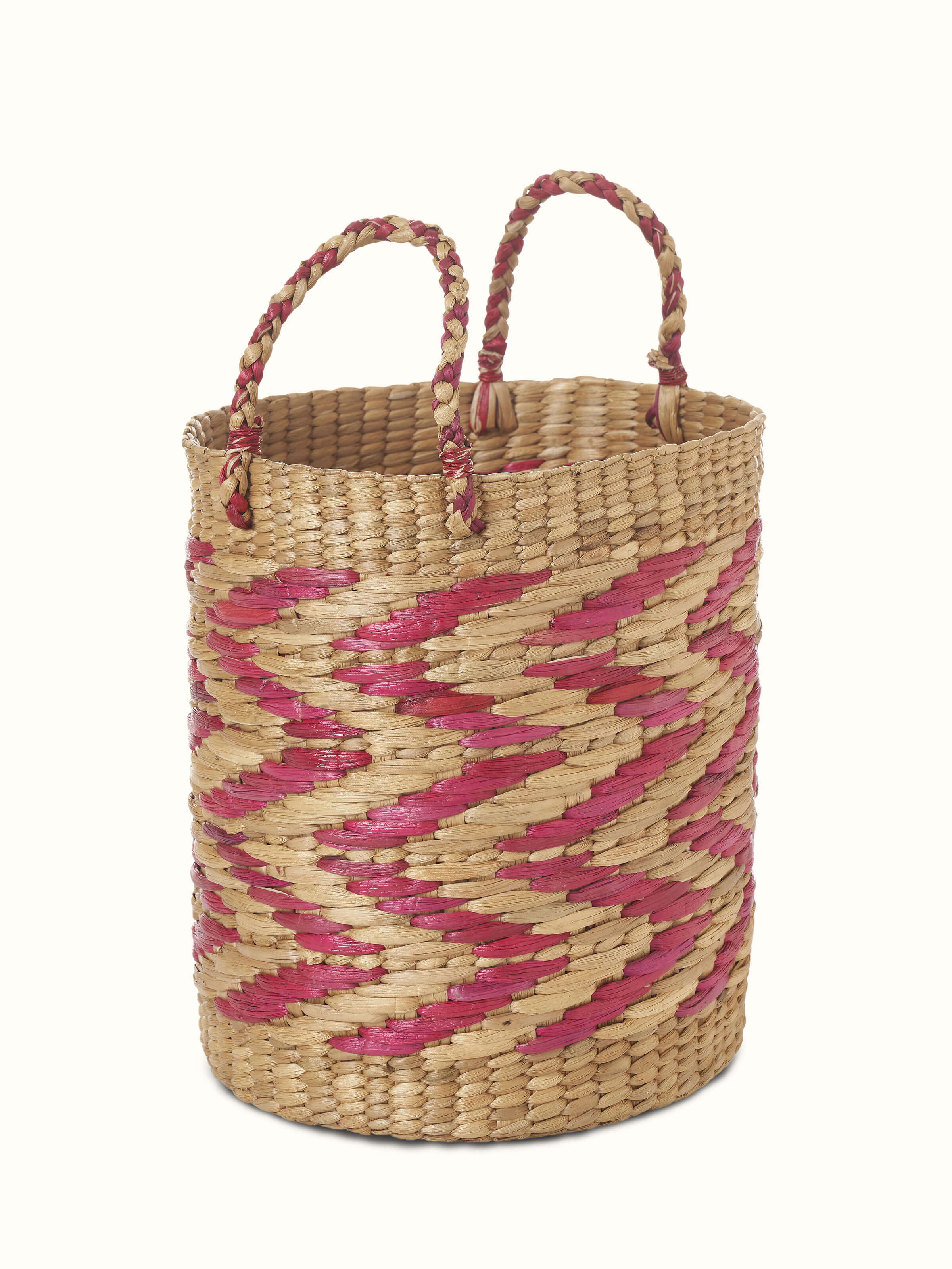 Close-up view of natural water hyacinth fibre waste bin multicolor focusing on the basket weave