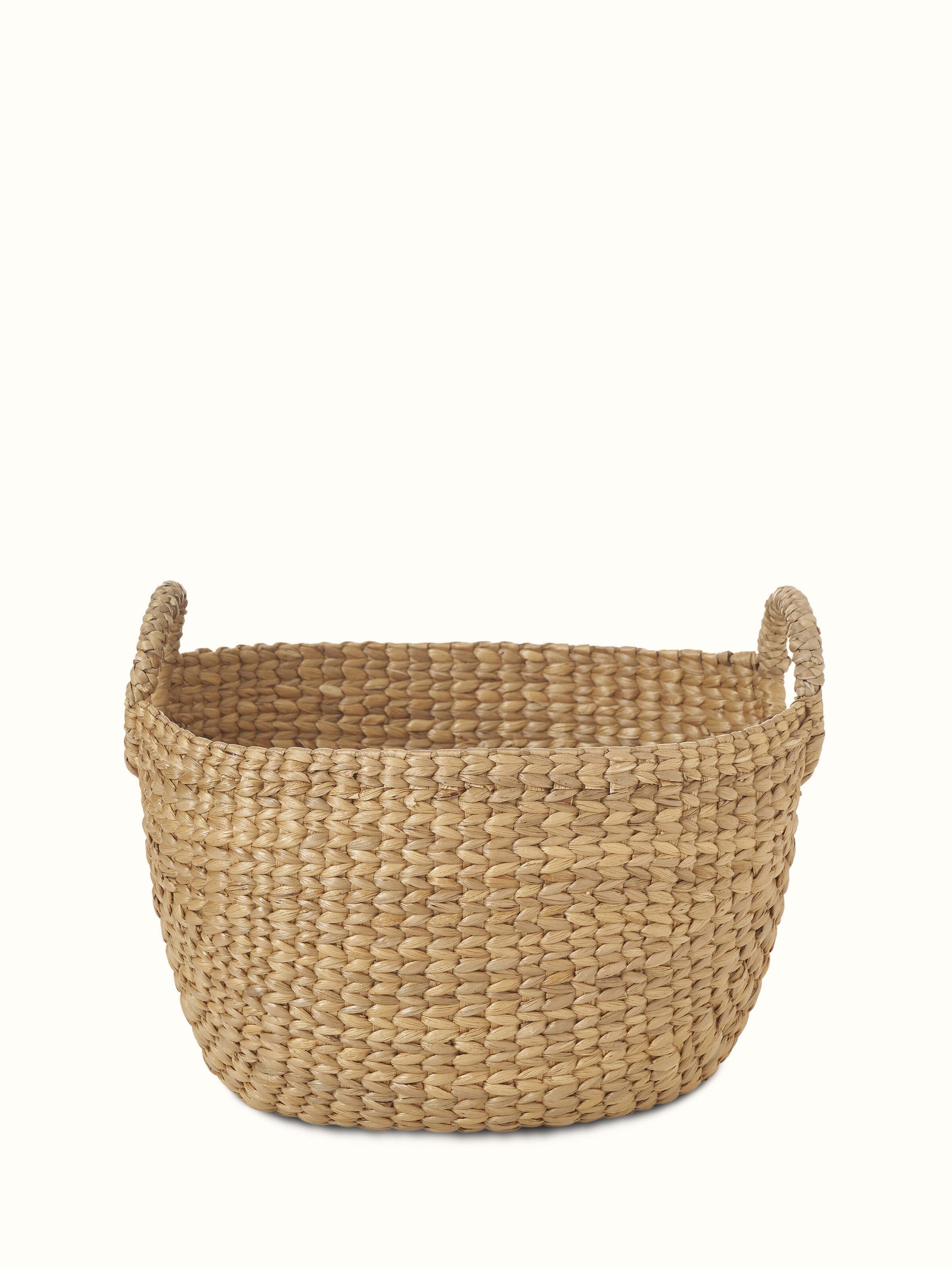 Front view of Matte natural water hyacinth fibre storage organiser highlighting its natural texture and organizational design.