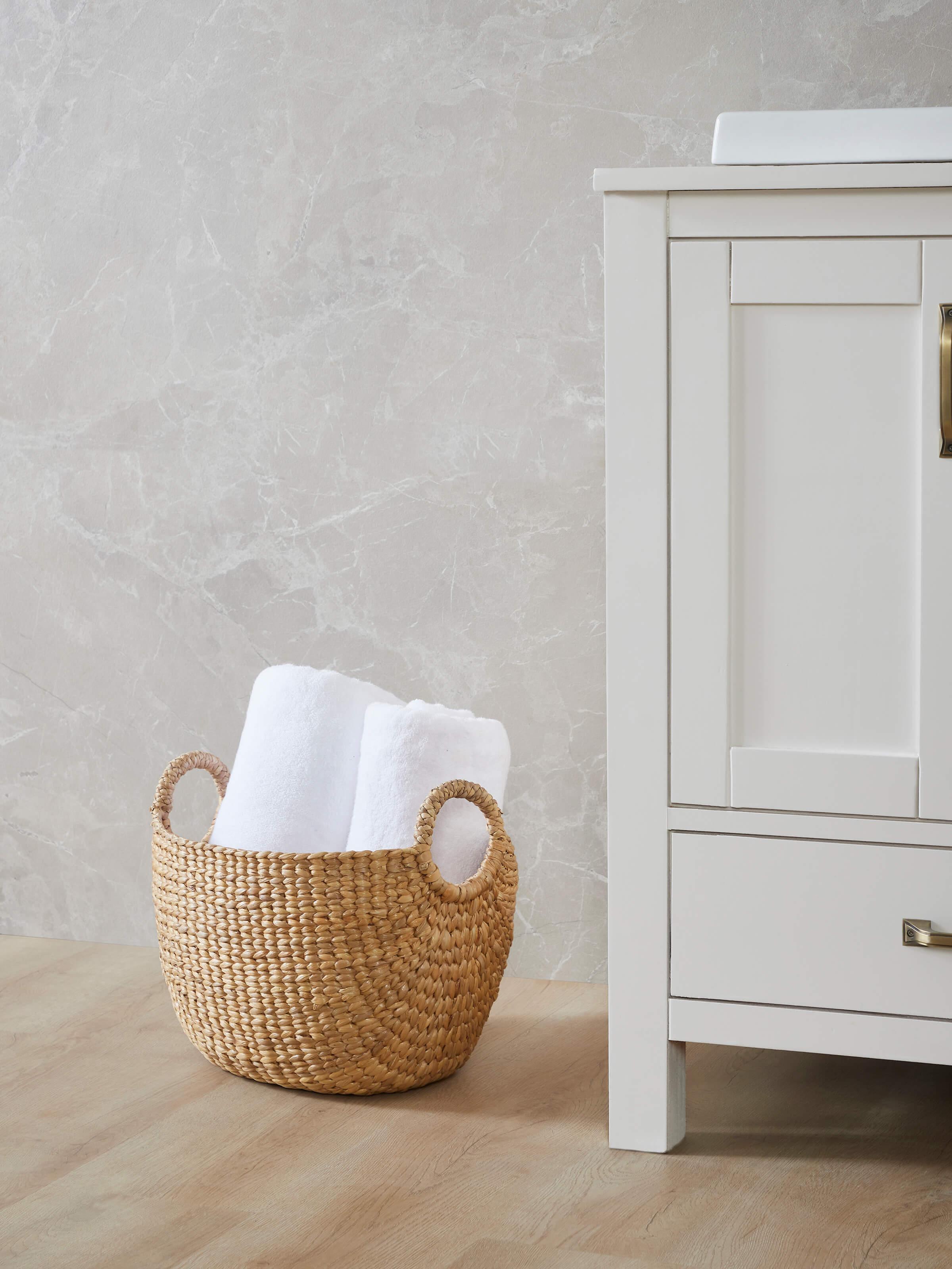 Side view of Matte natural water hyacinth fibre storage organiser showcasing its sleek profile and material quality.