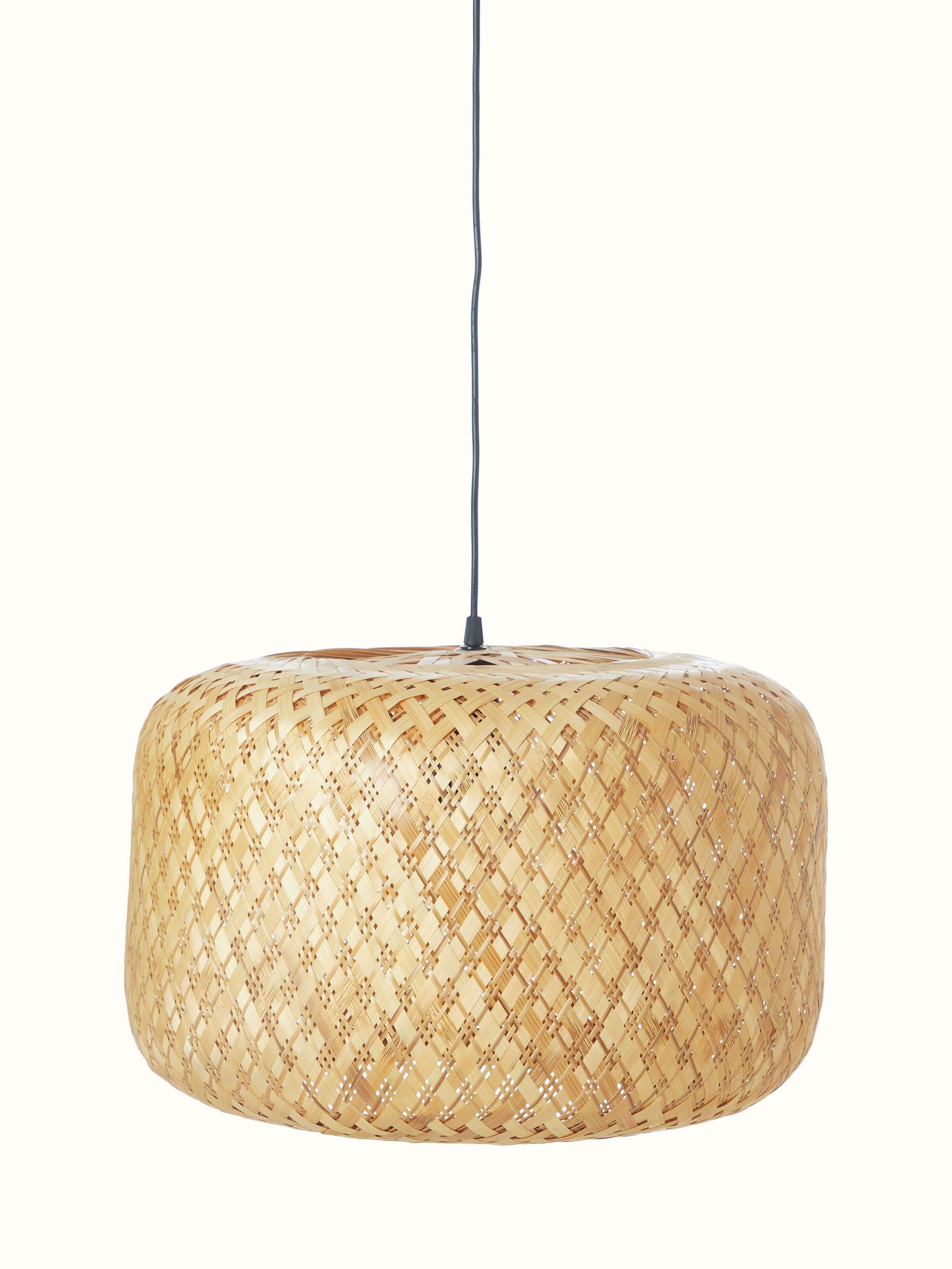 Front view of large bamboo LED pendant light showcasing its elegant design and illumination effect