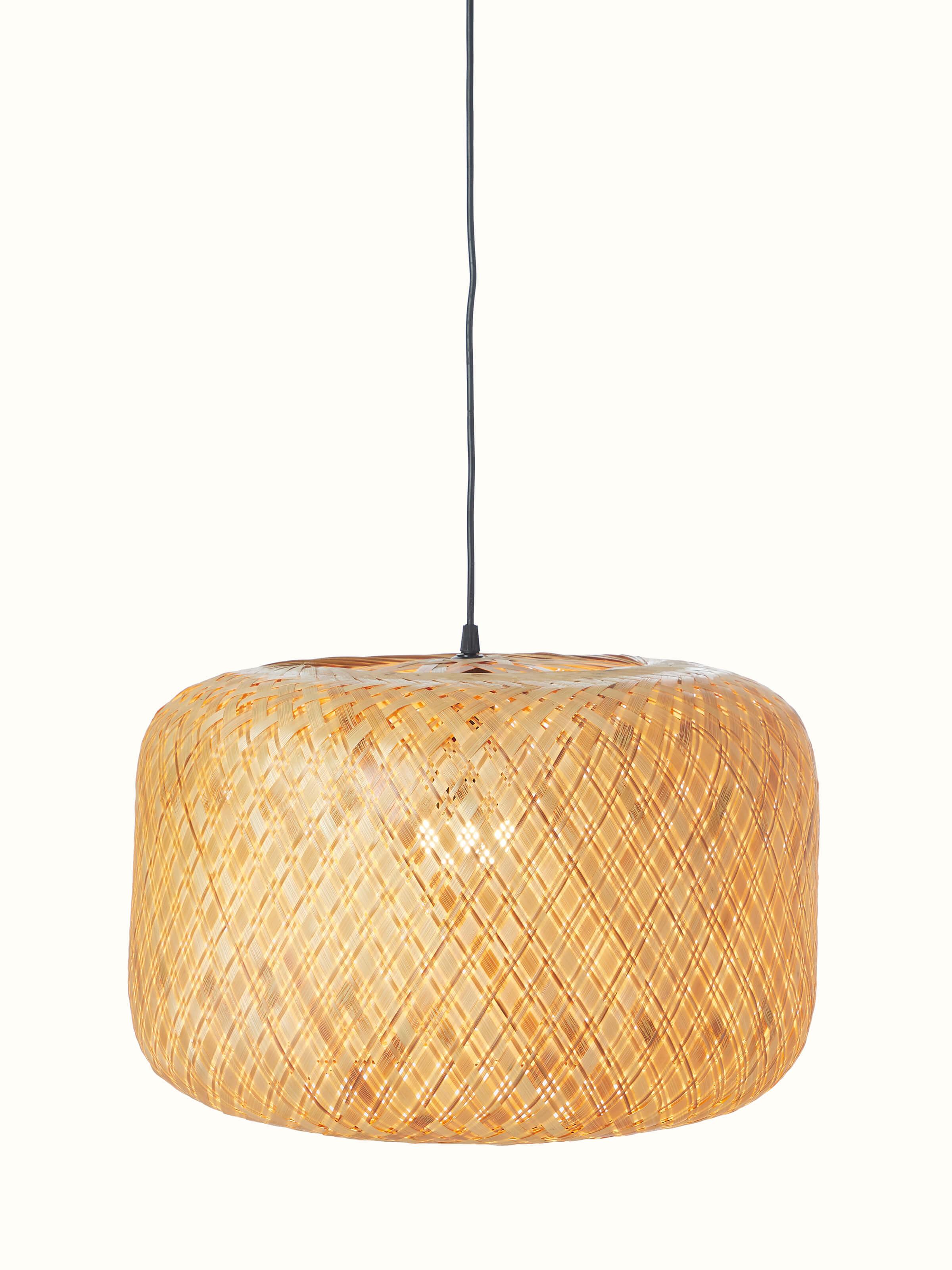 Alternate front view of large bamboo LED pendant light showcasing its sleek design and lighting effect