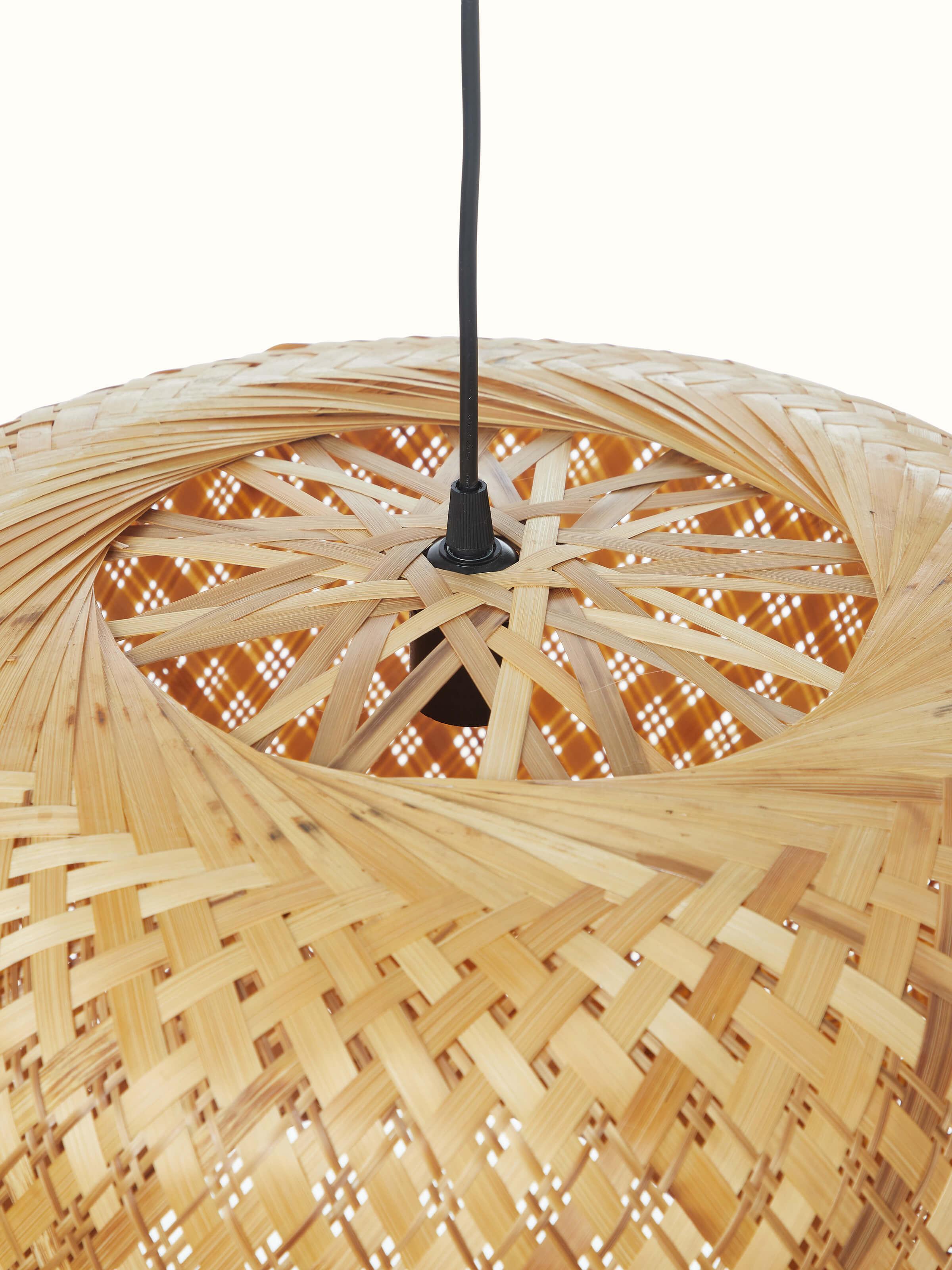 Detailed view of large bamboo LED pendant light showing its design intricacies and craftsmanship
